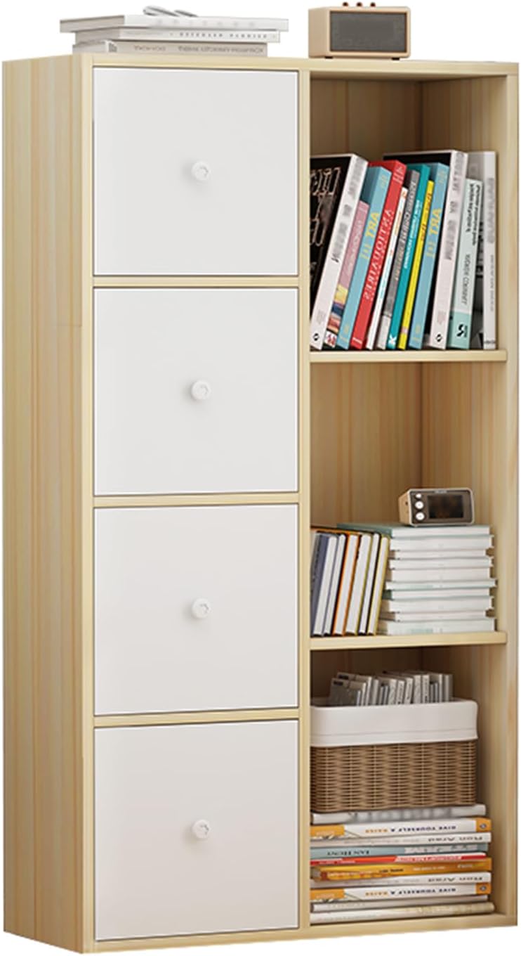 Wooden Bookshelf with Doors & Open Shelves, Cube Storage Organizer, Freestanding Bookcase Display Cabinet for Bedroom, Living Room, Home Office (White+Original Wood, 4-Door)