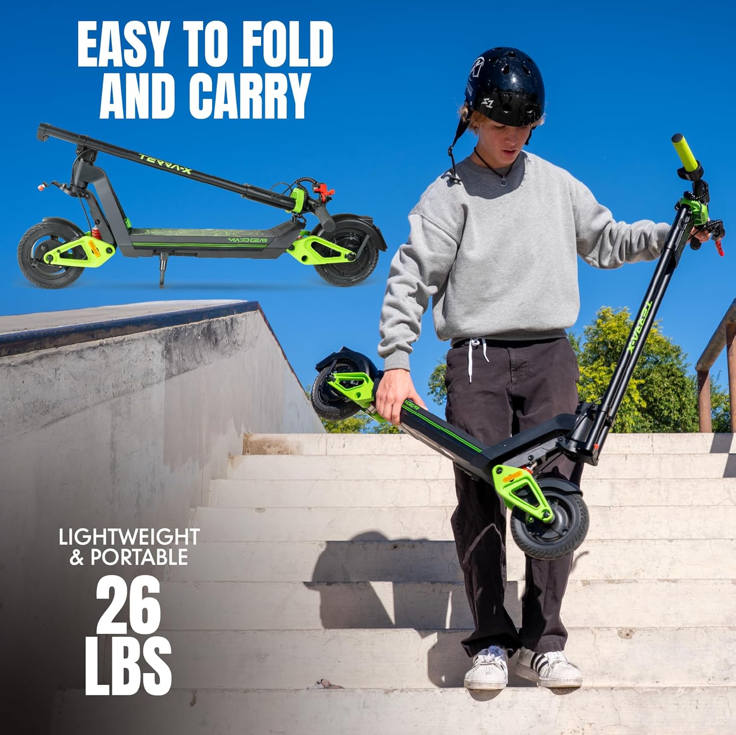 Electric Scooter for Teens and Adults – Up to 15.5 MPH, 12.4 Mile Range, Suspension, Folding Frame – Lightweight & Affordable E-Scooter with Solid 8” Tires – Madd Gear Terra-X