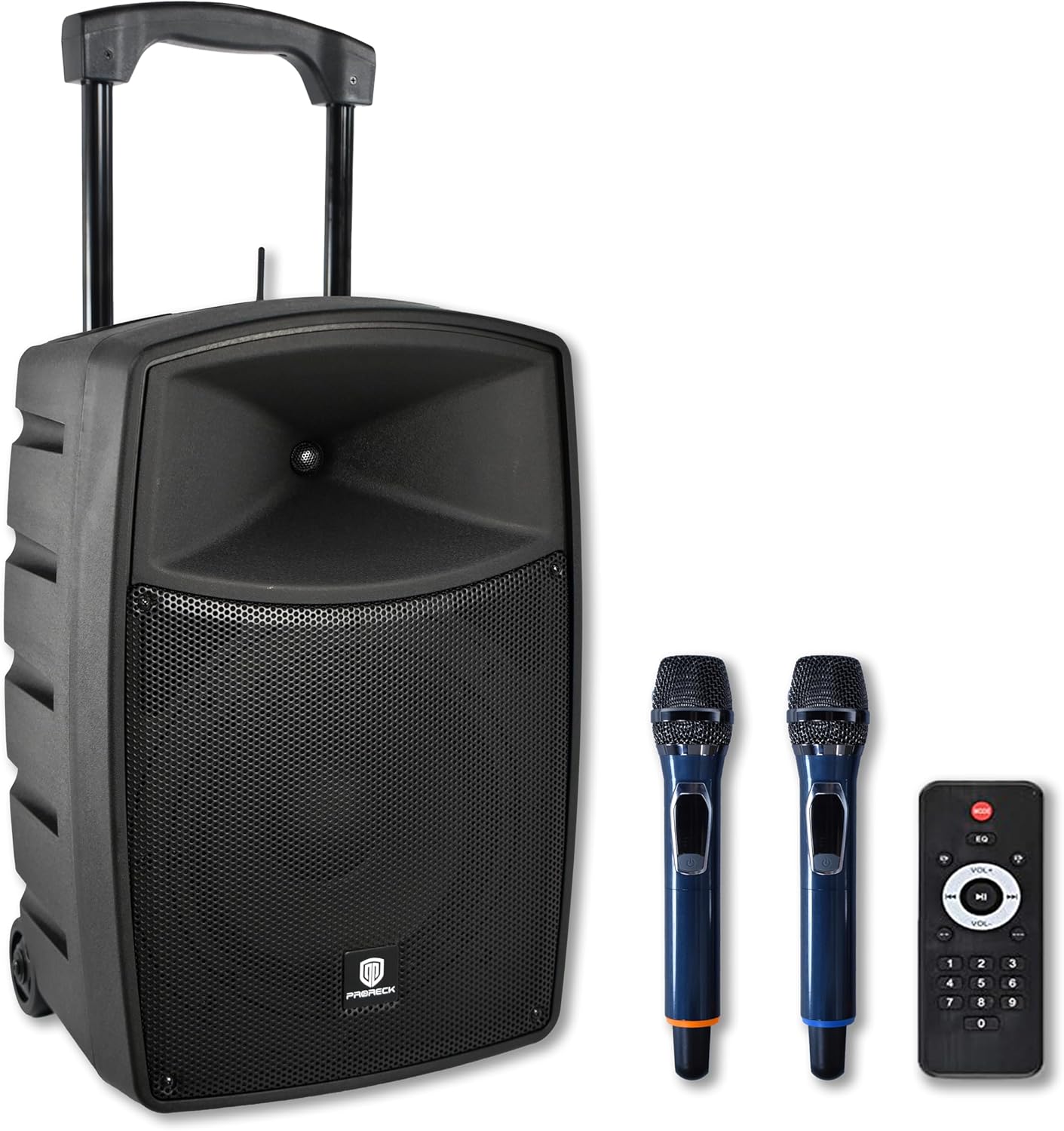 PRORECK 800W 10'' Portable Powered Bluetooth Wireless PA Speaker with 2 Wireless Microphones, Remote Control, Handle and Wheels, Active Loudspeaker for Events, Karaoke, DJ, Outdoor Gatherings