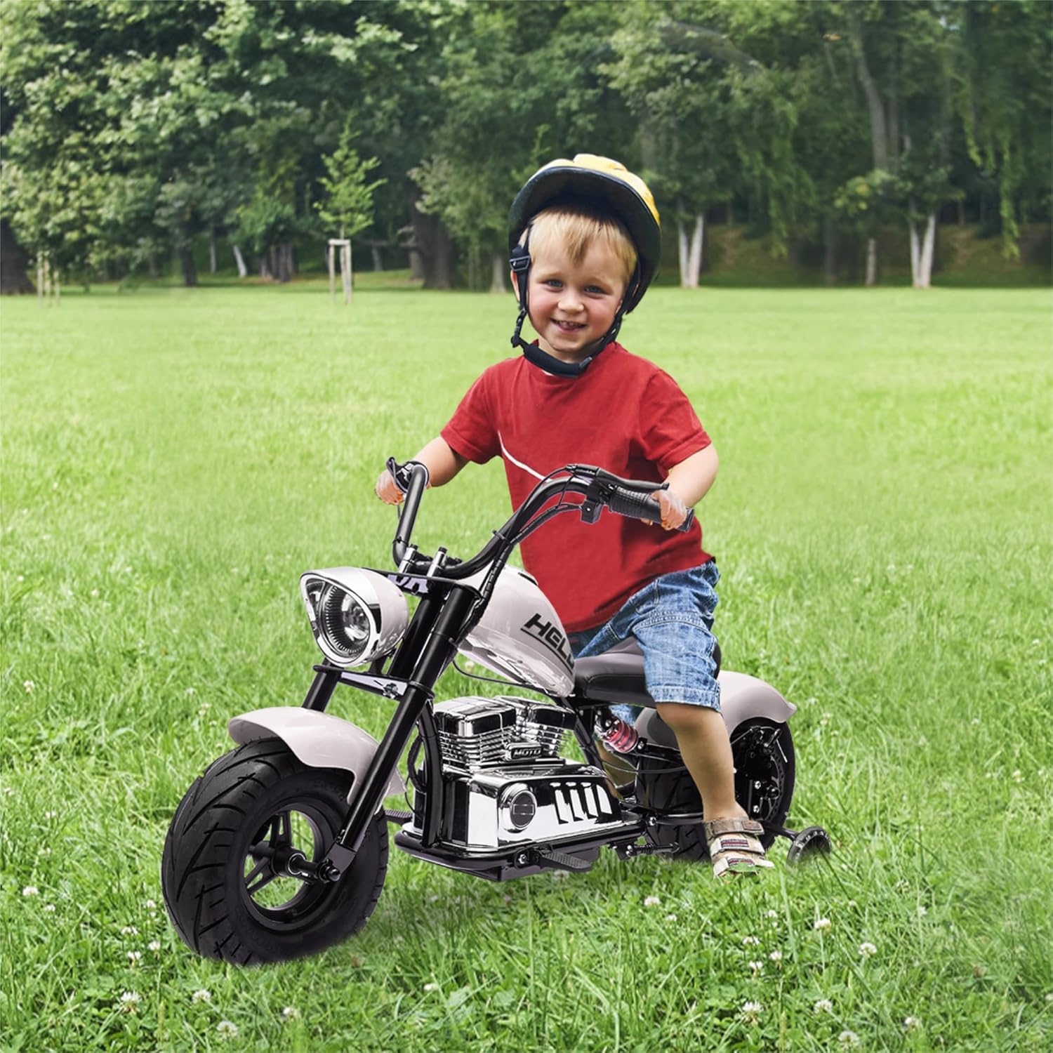 36V Electric Dirt Bike for Teens, Battery Powered Ride on Motorcycle, 350w High Torque Motorbike with 2 Training Wheels, Leather Seat, Music, LED Headlight, Speeds Up to 16.5 Mph