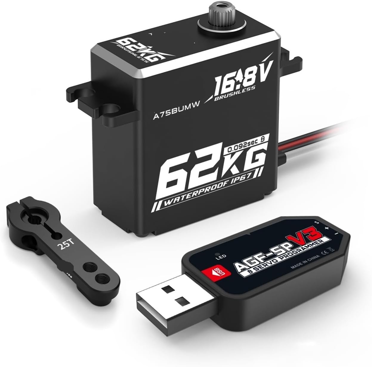 62KG Super Torque A75BU 4S 16.8V High Voltage Programmable Waterproof Brushless Remote Control Servo Suitable for 1/8 1/10(A75BUMW 62kg Set)