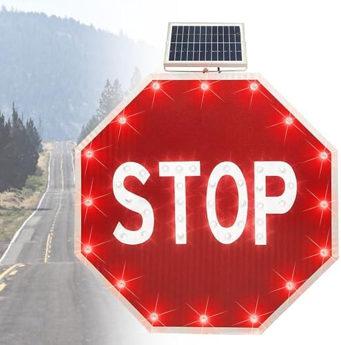 Solar Powered Blinking Stop Sign, 32 Inch Aluminum Octagon Traffic Sign with Engineer Grade Reflective Film, Enhanced Visibility for Construction Sites and Highways