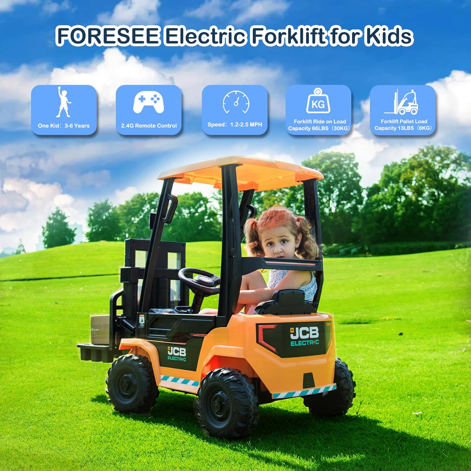 12V Kids Forklift Ride on Car with Tent, Licensed JCB Battery Powered Electric Ride On Construction Car with Electric Liftable Fork, Remote Control, Seat Belt, Spring Suspension（Yellow）