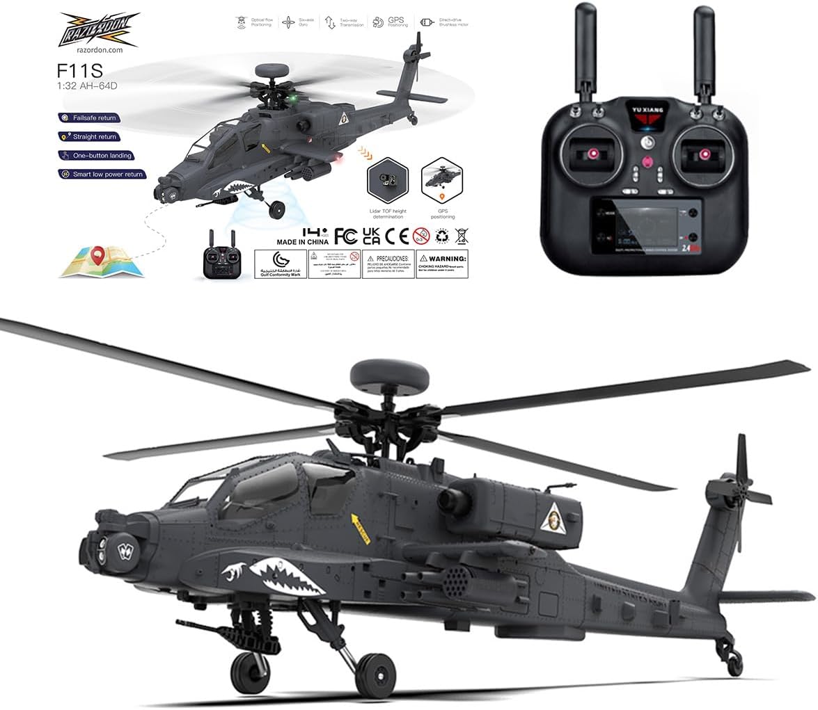 F11-S AH64 RC Helicopter for Adults, 1/32 Scale 2.4G 6CH Dual-axis Co-Drive Flybarless Stunt RC Military Helicopter with GPS Flight Control System (RTF GPS Smart Version)