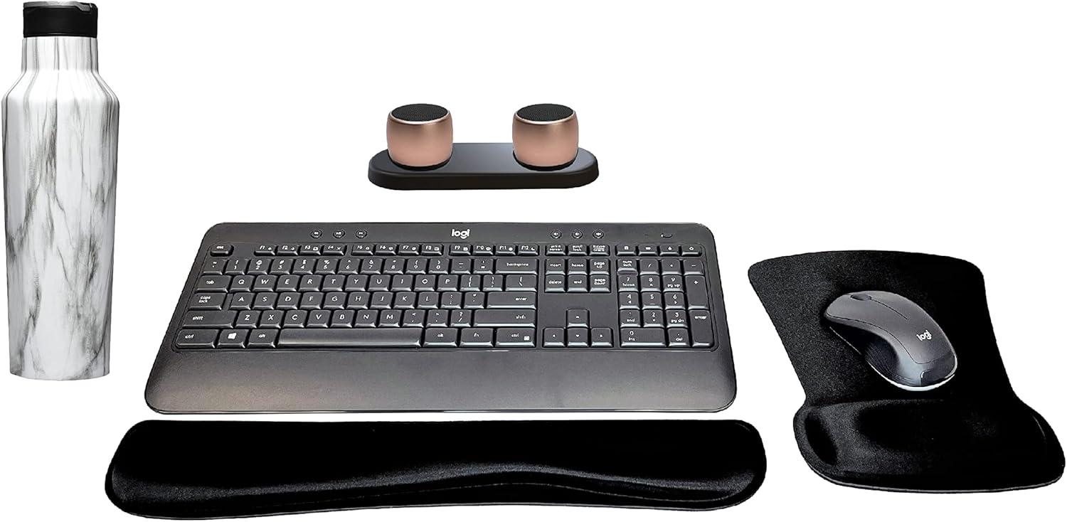 Logitech MK540 Advanced Wireless Keyboard & Mouse Combo Travel Home Office Bundle with 2 Pro Portable Wireless Bluetooth Speakers, Charging Tray, Gel Wrist Pad, Gel Mouse Pad & 20 oz. Canteen