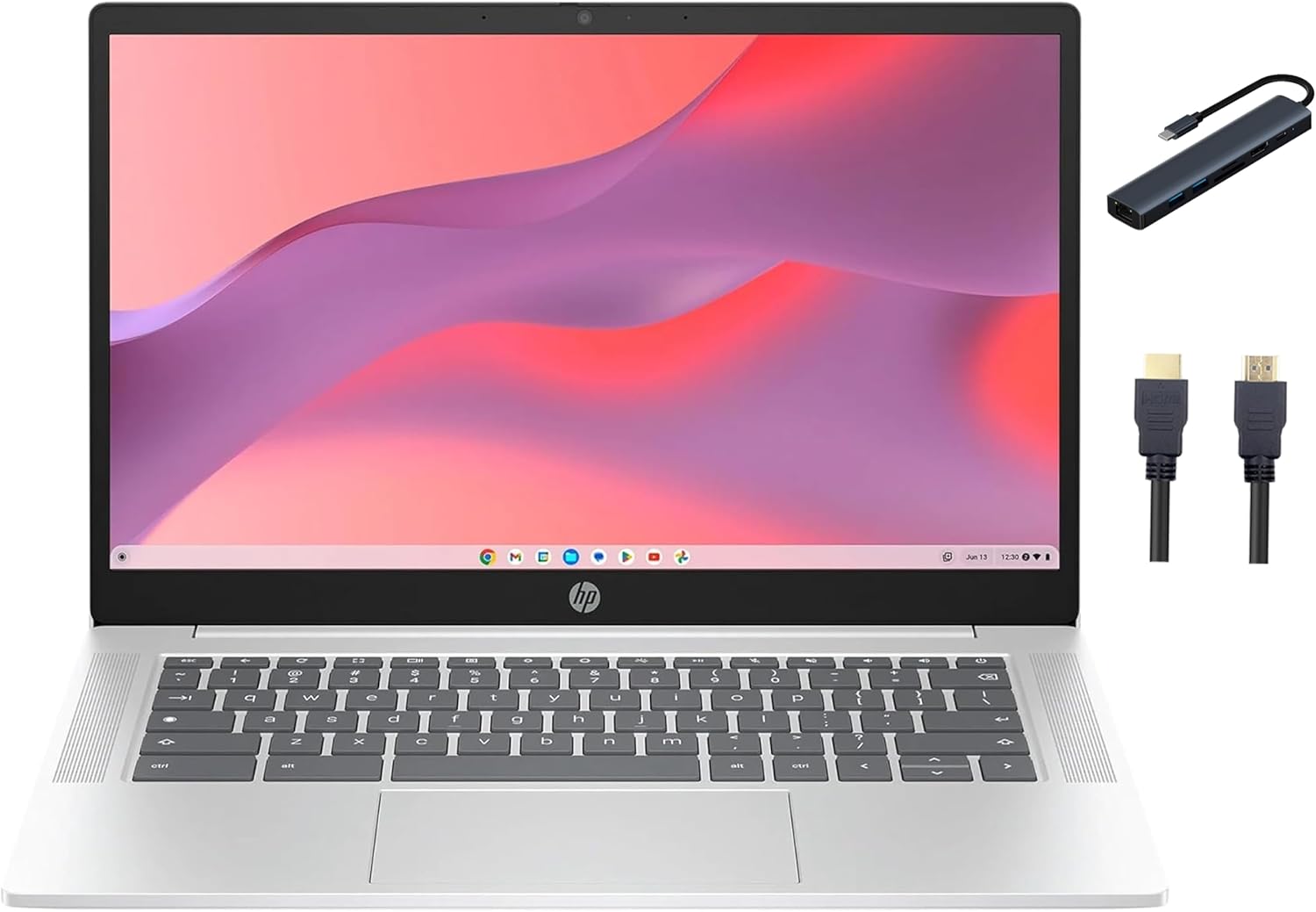 HP Chromebook 14 inch Laptop, Intel Processor N200 Processor, 4GB DDR5 RAM, 128GB UFS, Wi-Fi6, Bluetooth, Intel UHD Graphics, Chrome OS, Glacier Silver with TGY Accessories