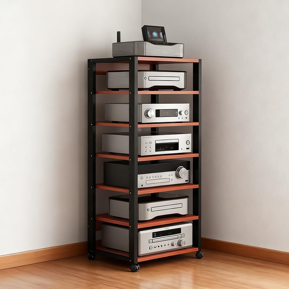 7-Tier AV Media Floor-Standing Hi-Fi Rack Record Stand With Height Adjustable Wooden Shelf