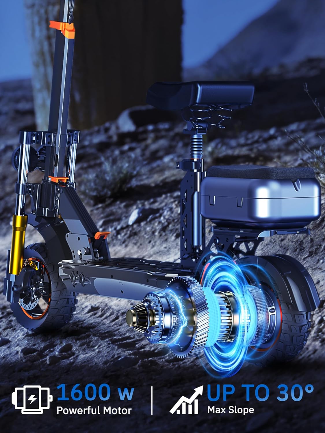 Electric Scooter for Adults with Seat & Storage Box, 50 Miles Range, 31-34 MPH,1600W Motor, Hydraulic Suspension, Foldable