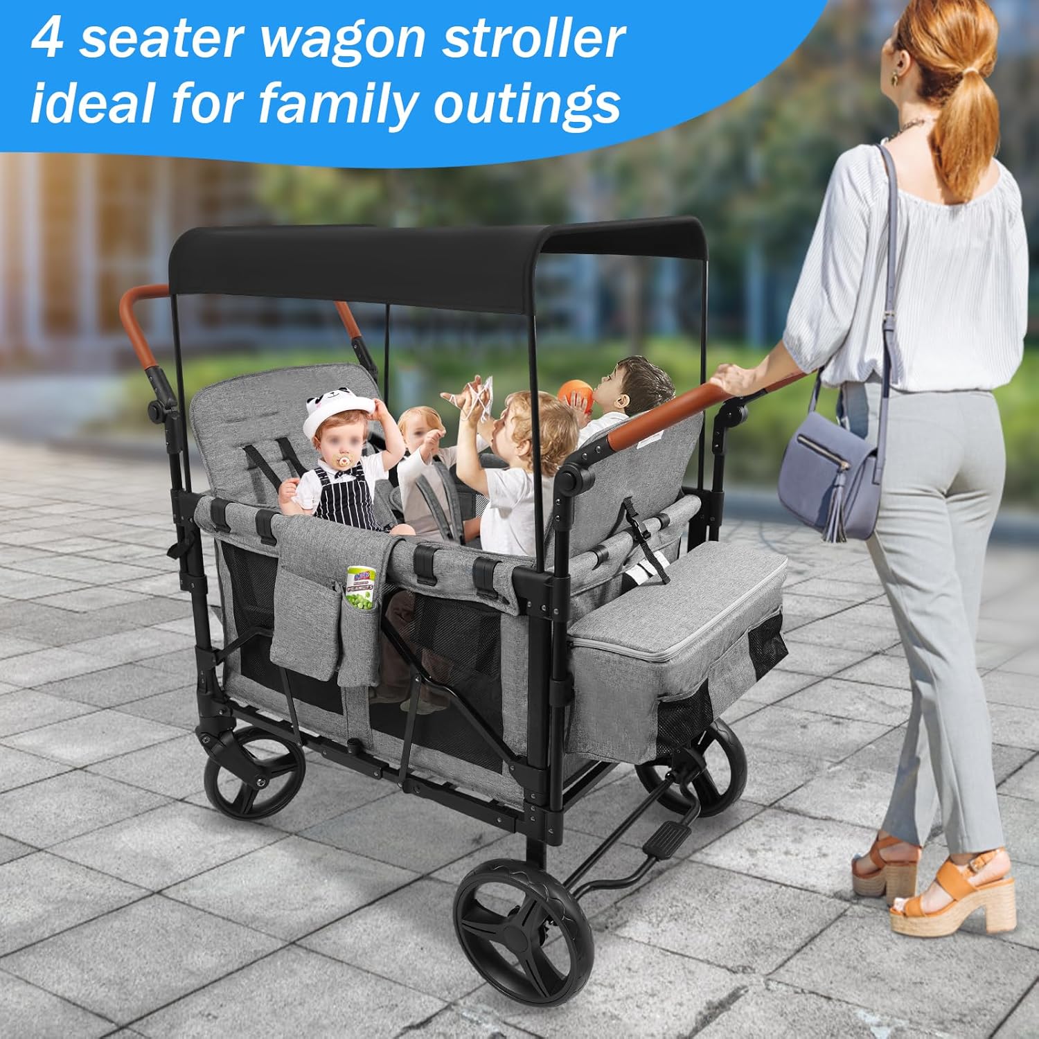 Wagon Stroller for 4 Kids, All-Terrain Wagon Cart with Removable Canopy, 5-Point Harness & Storage Organizer, Double Push Bar Foldable Kids Stroller for Garden Beach Camping