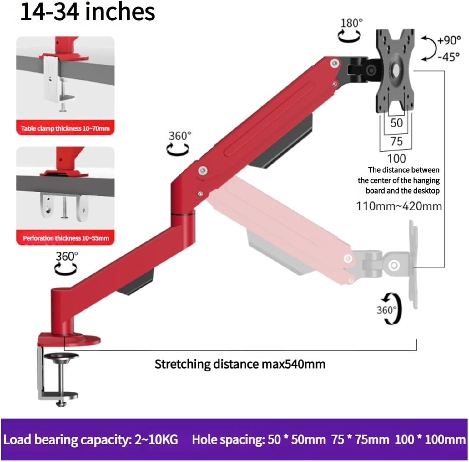 Single monitor stand, supports up to 34 inches, 10 kg per screen, computer desk mounting bracket, adjustable computer stand(A1R)