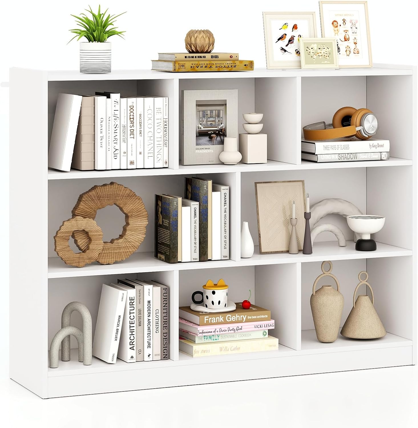 SILKYDRY White Bookcase, 8 Cube Storage Organizer, 3 Tier Horizontal Bookshelf, Open Display Shelf with Anti-Tipped Device, Wooden Low Bookshelf for Office, Living Room, Study, Bedroom (White)