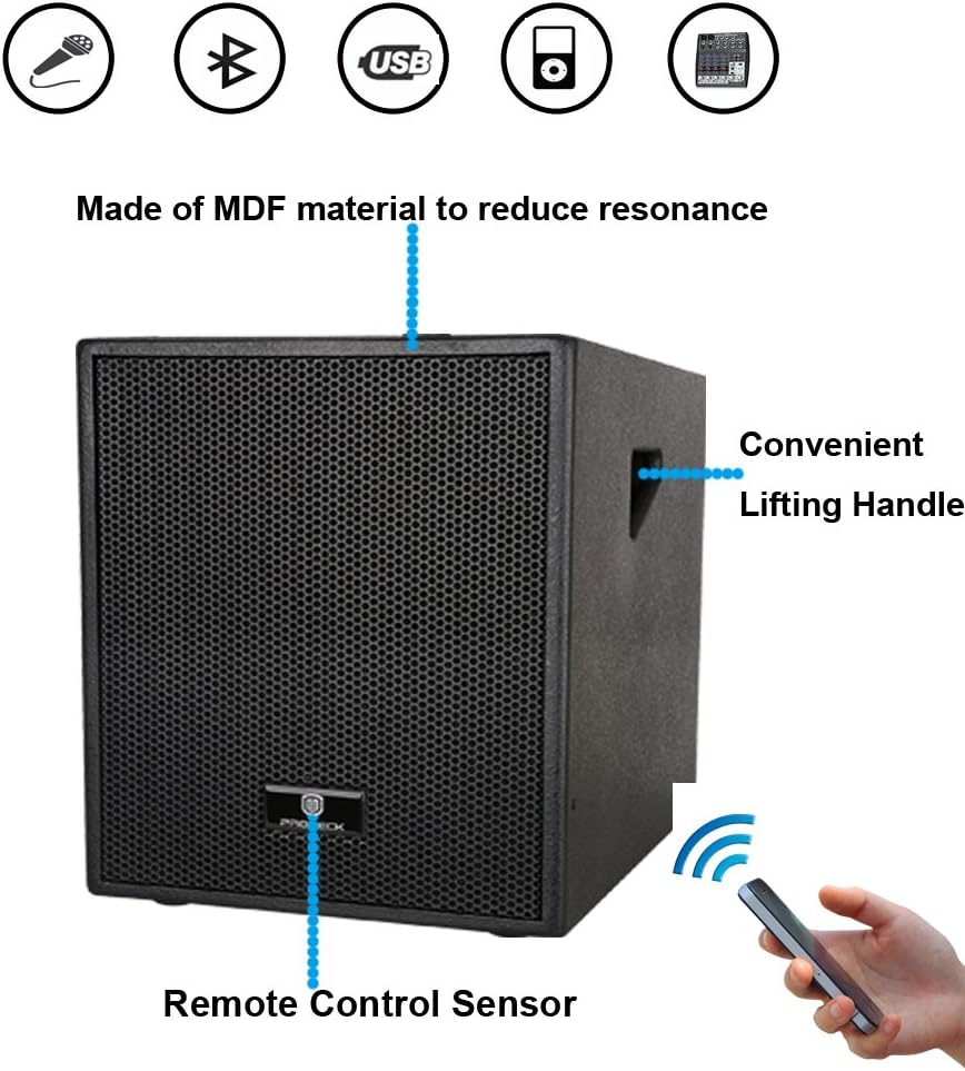 PRORECK Club AB 12-Inch DJ/Powered PA Speaker System Combo Set with Bluetooth/USB/SD Card/Remote Control (Active Subwoofer and 8X Array Speakers Set)