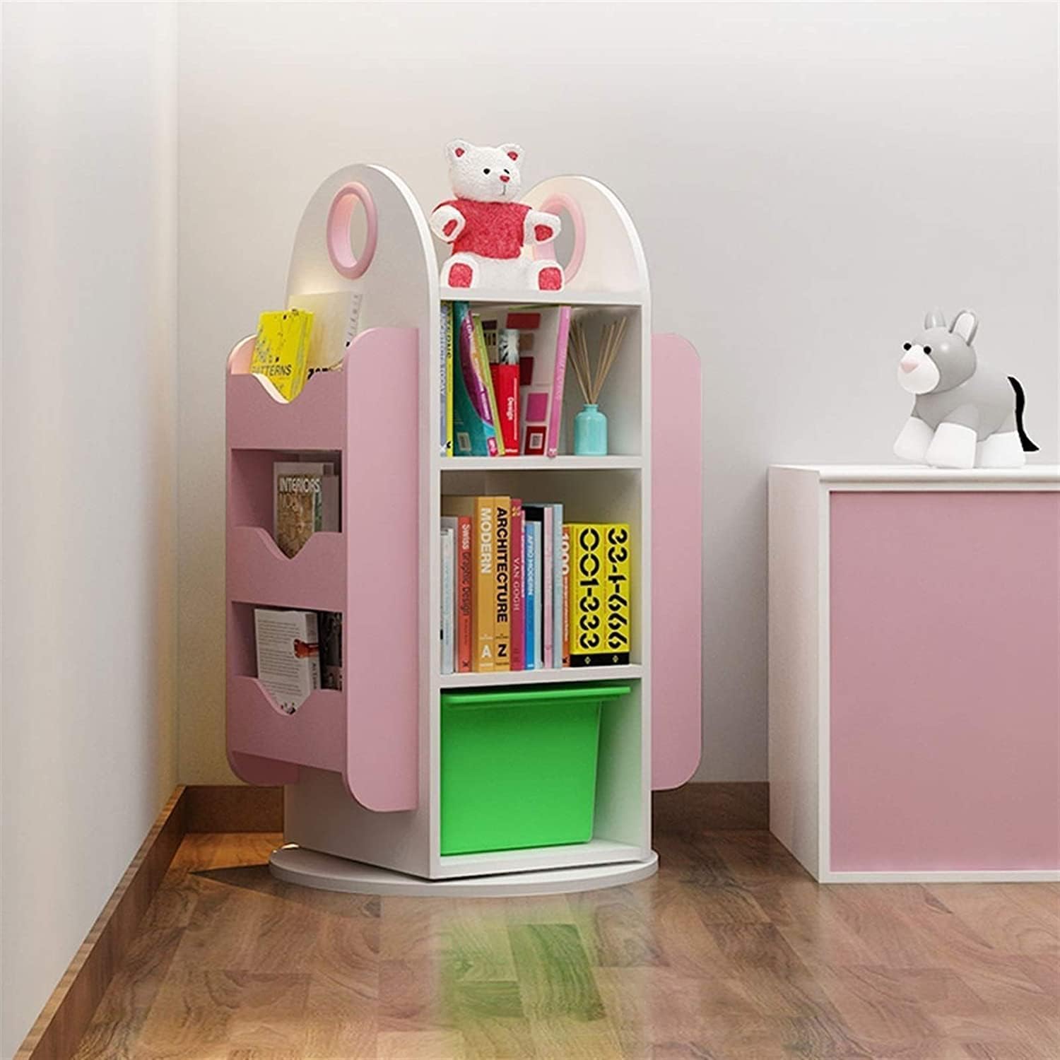 Interesting Bookshelf Small Bookshelf Creative 360° Kids Rotating Bookshelf Solid Wood Eco Board Bookshelves with Ring Handle Design Rack Bookcase Solid and Stable