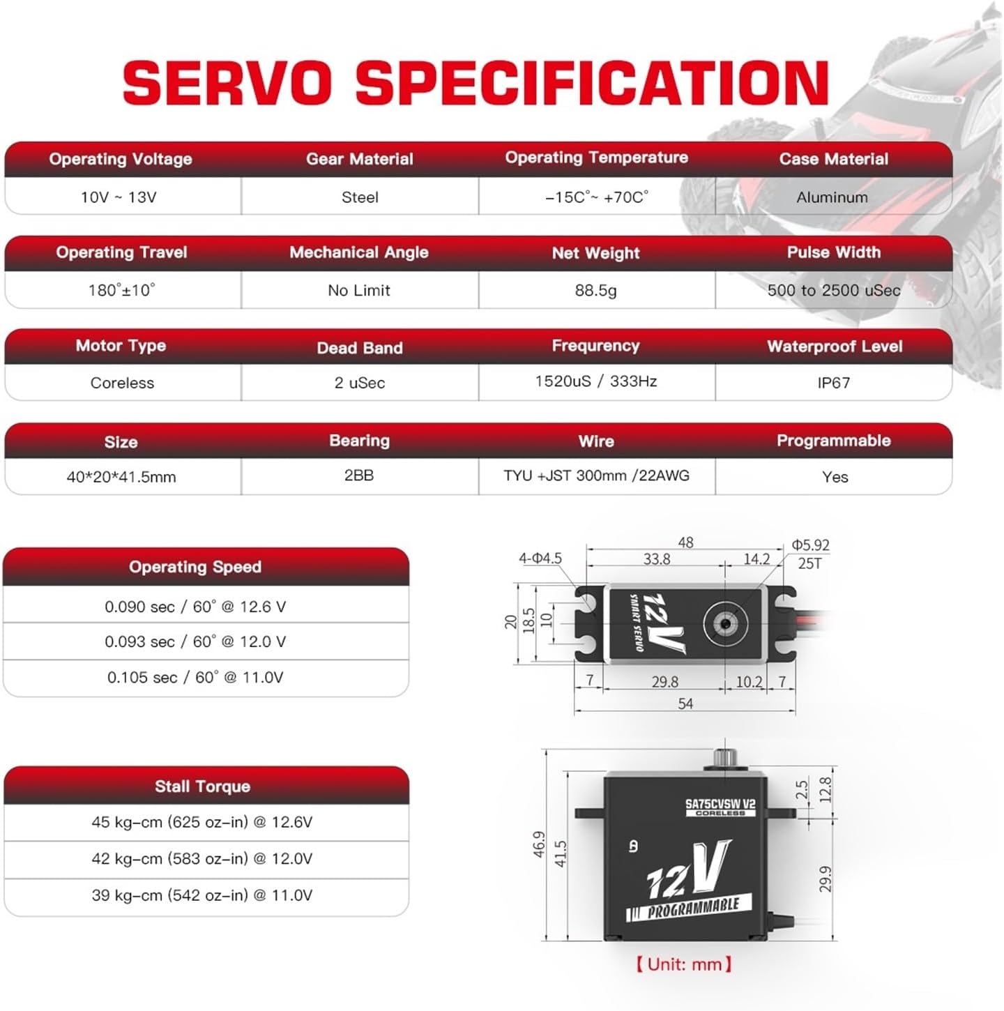 SA75CVSW 45KG Waterproof 3S 12V Programmable Coreless Digital Smart Remote Control Servo for 1/8 1/10(Winch Mode Set 3)