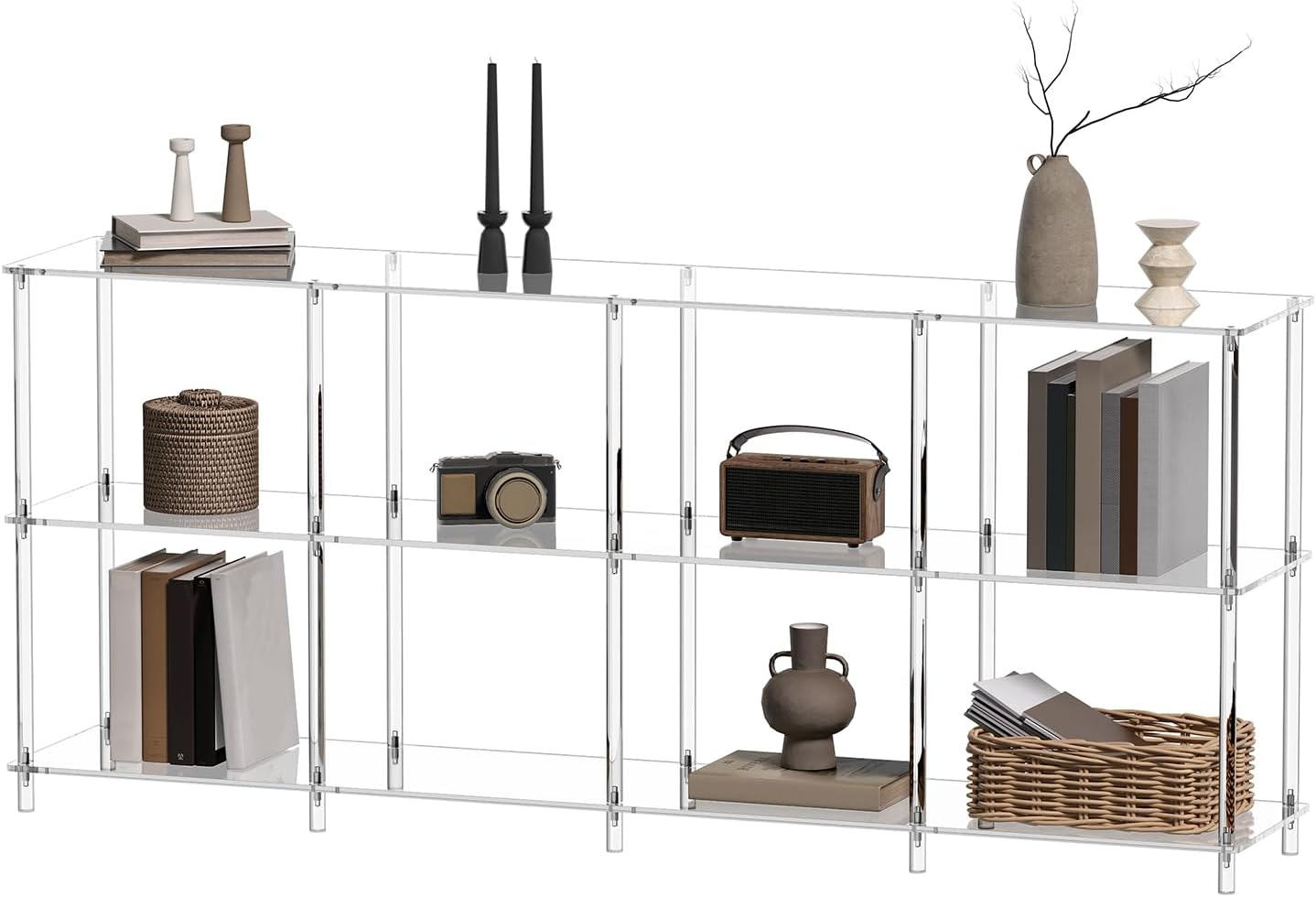 CRTERICX Acrylic Long Bookshelf, Low Horizontal Bookcase with 8 Cube Storage, 3-Tier, Modern Clear Open Book Shelf for Living Room, Office,Bedroom, 11.8''D x 62.2''W x 26.6''H