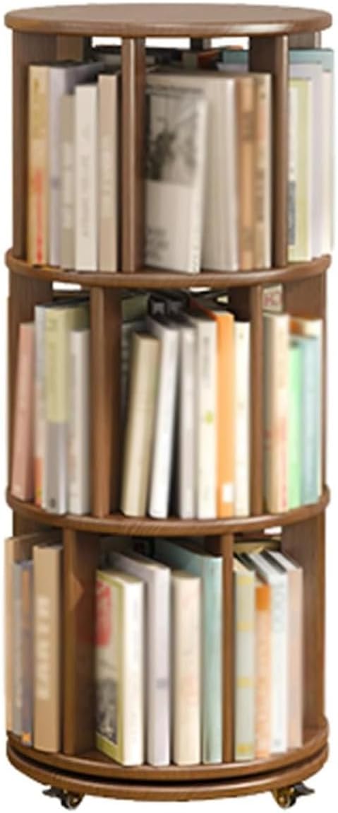 CUPKEE Rotating Bookshelf with Swivel Wheels, Solid Wood Revolving Bookcase Tower-360° Display, Modern Mobile Tall Bookcase Shelf for Home Living Room,D