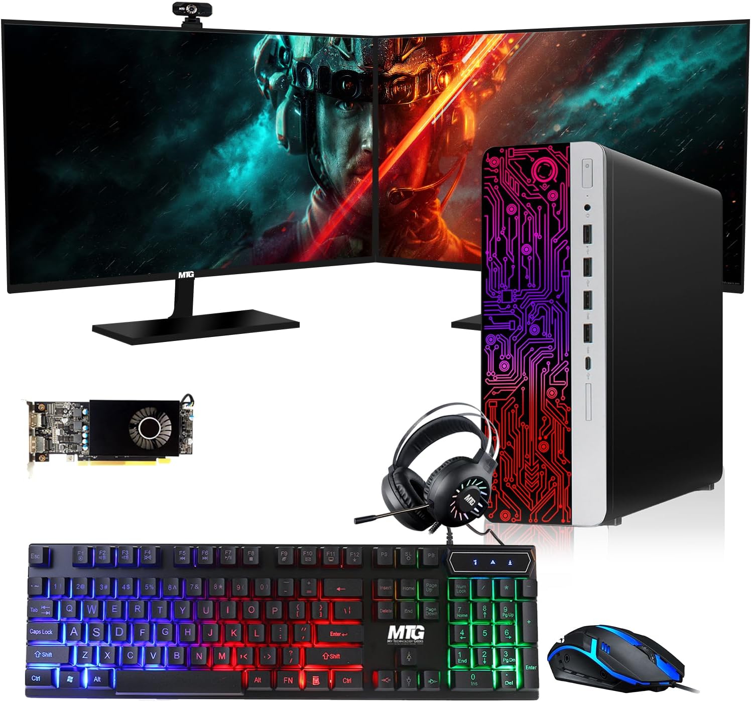 TechMagnet HP G3 Gaming Desktop PC, Intel Core i7 6th Gen, AMD RX 550 Graphics, 32GB RAM, 1TB SSD + 3TB HDD, MTG 27-Inch Dual Monitor, RGB Keyboard Mouse, Headphone, Webcam, Windows 11 Pro (Renewed)