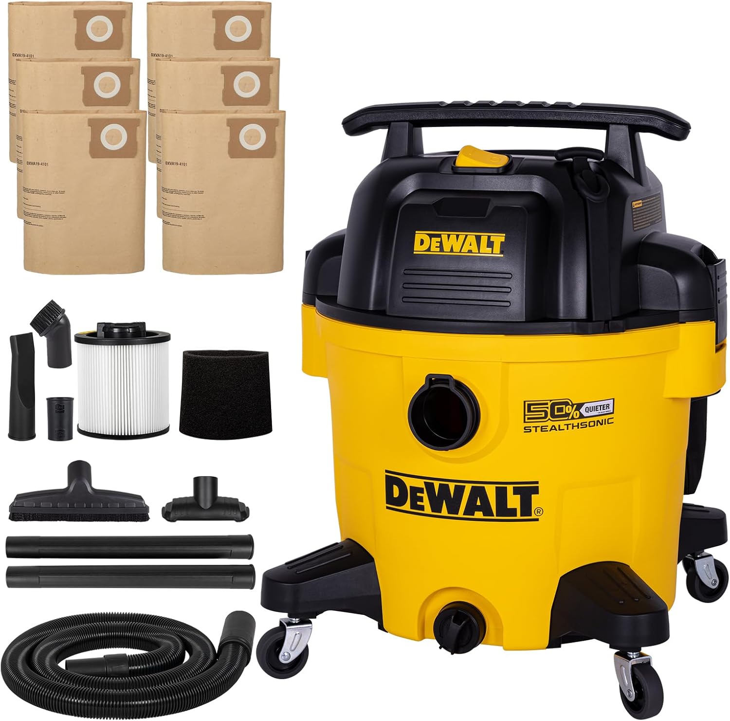 DEWALT 10 Gallon Stealthsonic Wet/Dry Vacuum, 5 Peak HP Ultra-Quiet Shop Vac with Full Accessory Kit & 6 Bonus Dust Bags, 1-7/8 in. x 7 ft. Hose for Job Sites, Workshops & Garages