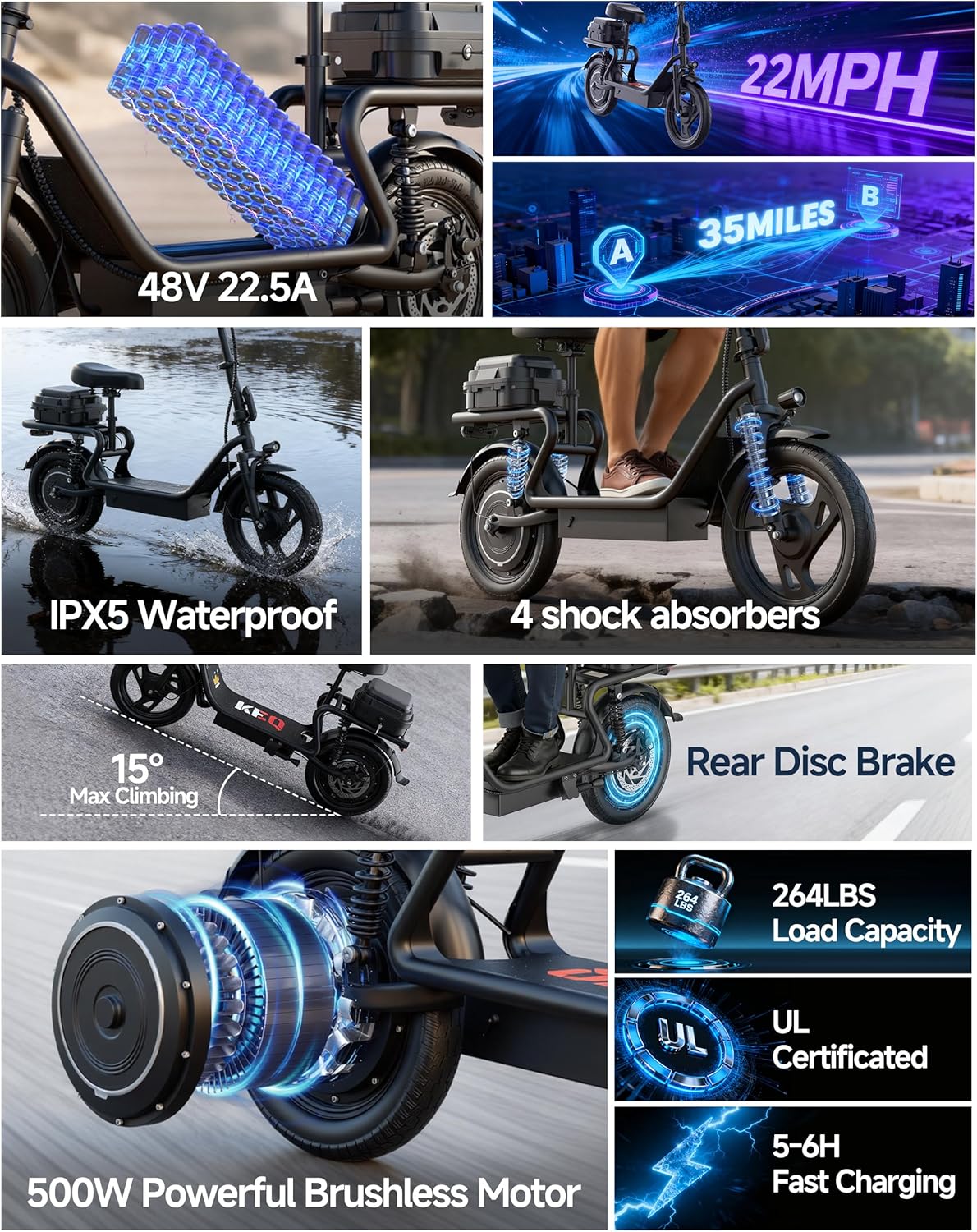 KEQ Electric Scooter Adults with Seat, 48V 22.5AH Foldable Escooter 14