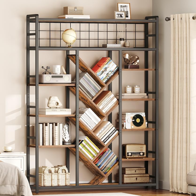 RALGEND Triple 7-Tier Bookshelf, Industrial Large Bookcase with 20 Open Display Shelves, Modern Tree Bookcase with Metal Frame and Hanging Function for Living Room, Home Office, Rustic Brown and Black