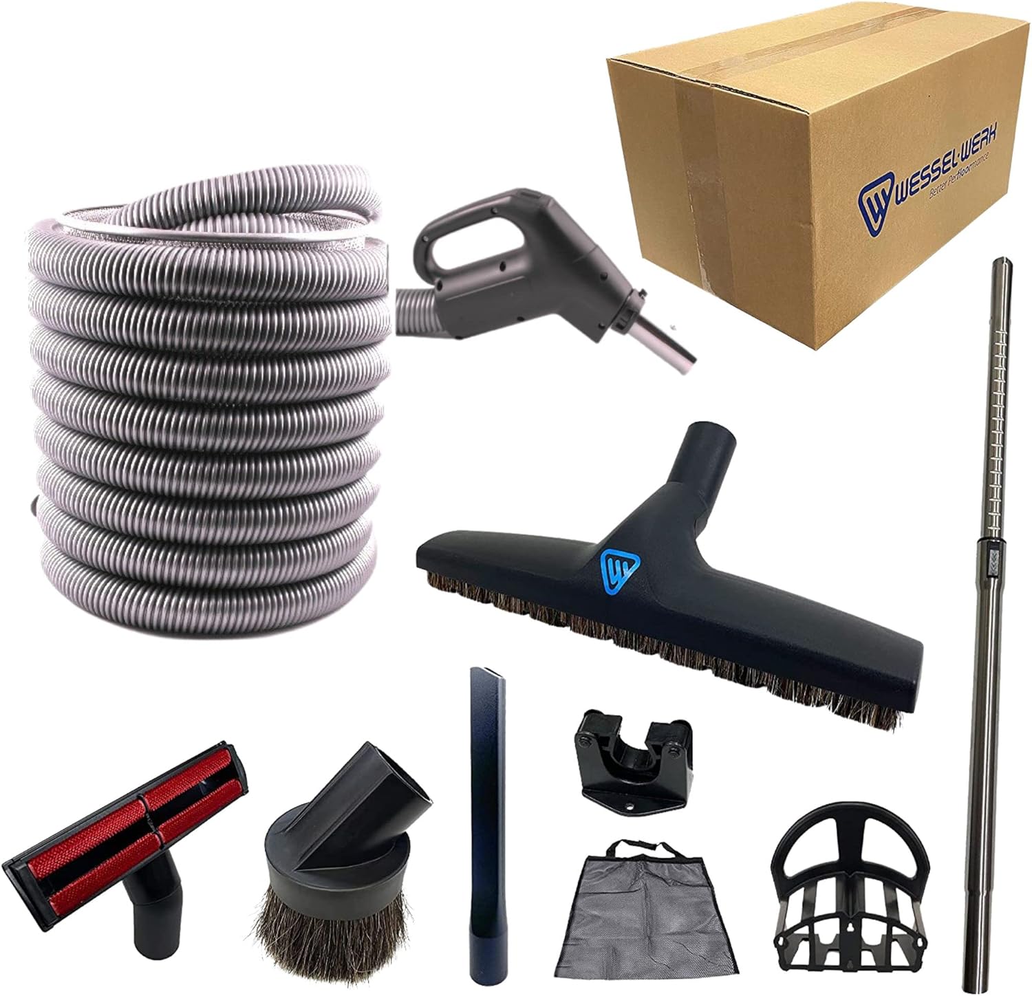 Wessel-Werk Central Vacuum Hose Kit with Floor and Household Vacuum Attachments, Crushproof Hose with On/Off Switch Control