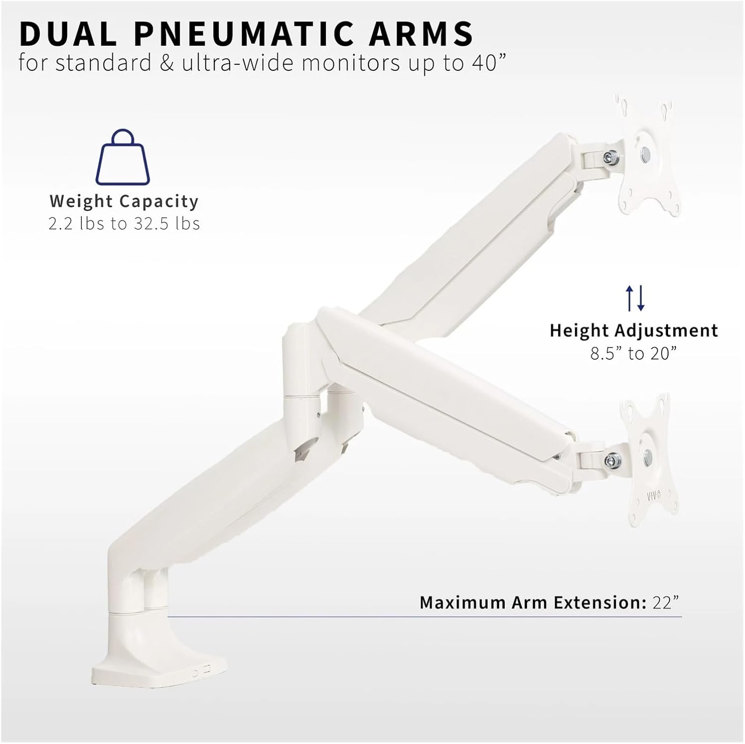 White Dual Extra Wide 40 Inch Computer Monitor Desk Mount with Pneumatic Springs -