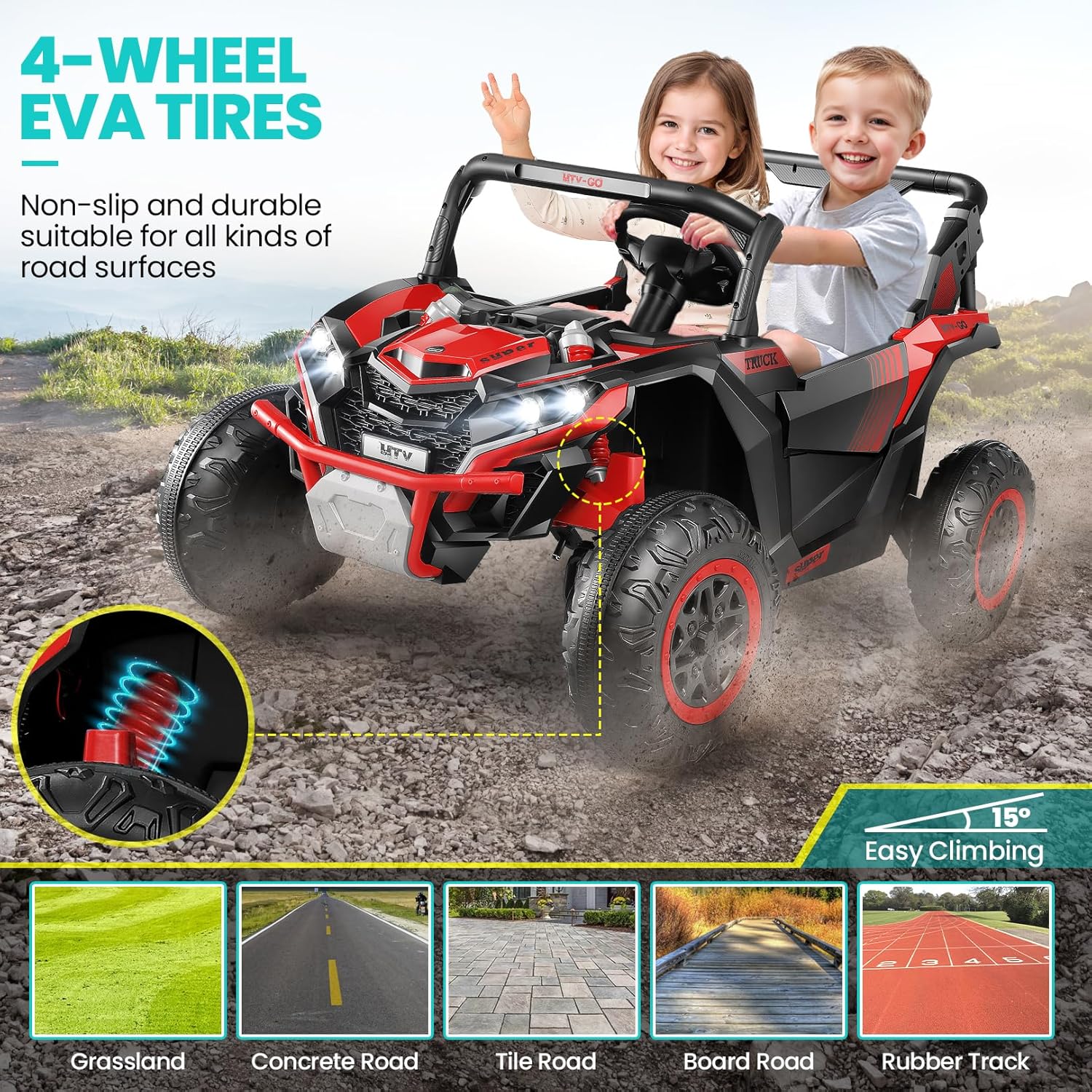 Hikole Two Seater Ride on Car for Kids,24Volt 4×4 Powerful Motors, Ride on Toys UTV for Boys&Girls, Kids Electric Vehicles, Wide Seat, Dashboard, LED Head&Tail Lights, Bluetooth/Music/USB, Red