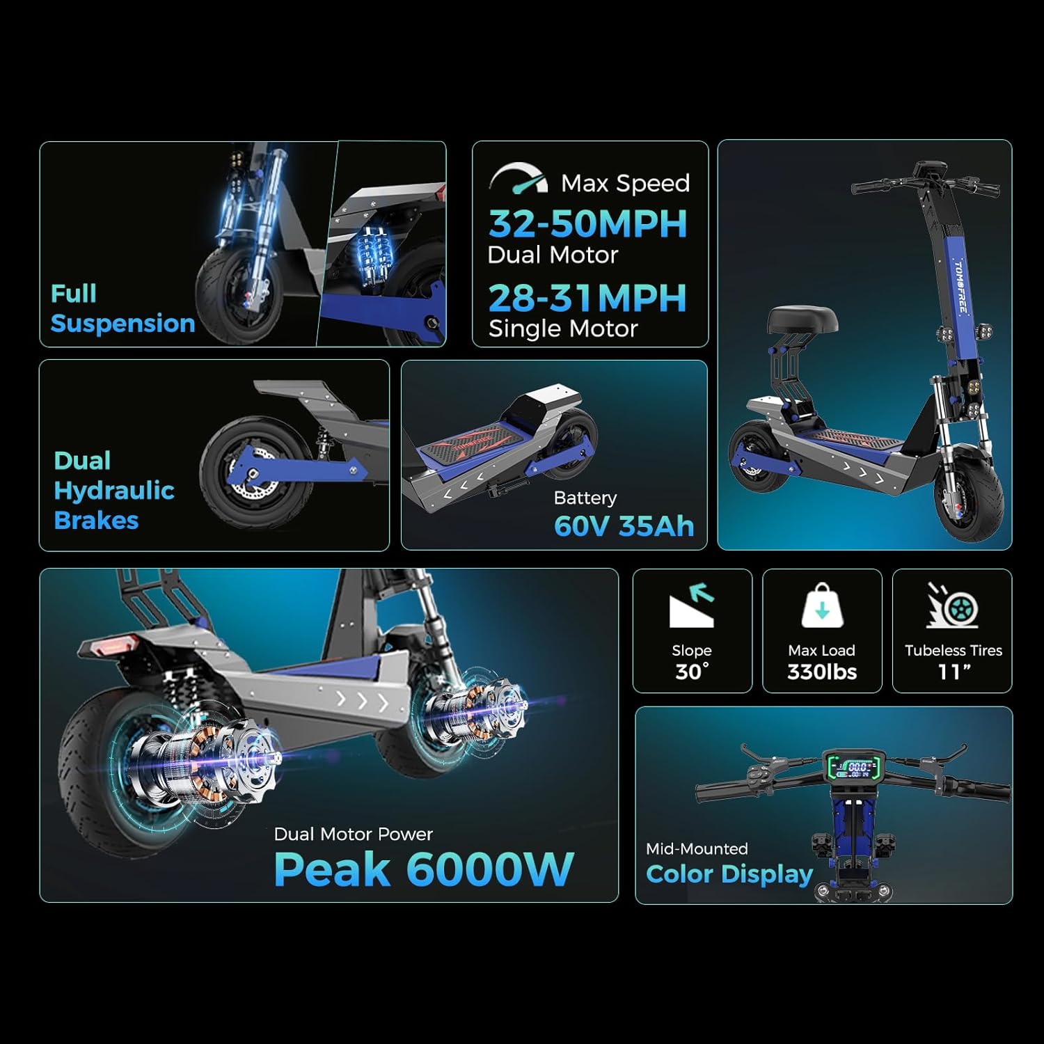 L7 6000W Dual Motor Escooter Adult, Max 50 MPH/45Miles, 60V 35Ah Large Battery, Full Suspension, Hydraulic Brakes, 11