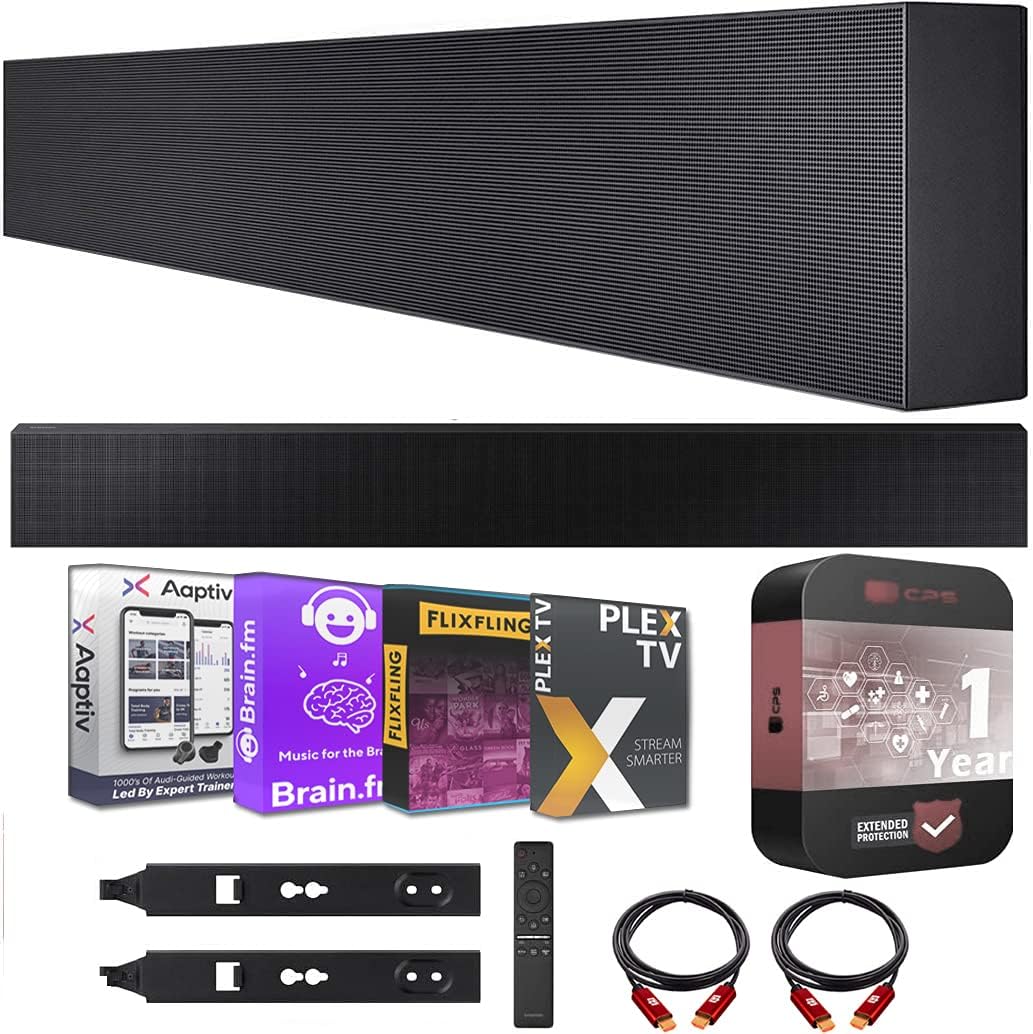 Samsung HW-LST70T 3.0ch The Terrace Soundbar Dolby 5.1ch Built in Subwoofer & Outdoor Weather Resistant Bundle w/Wall Mount + CPS Protection Pack Pack + 2 Deco Gear HDMI Cables +Streaming Kit