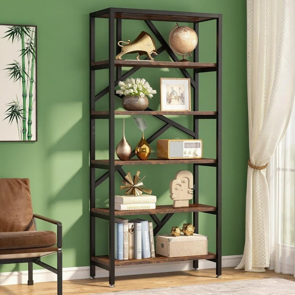 Kaireey 71 Inch Industrial Bookshelf, 6-Tier Tall Bookcase with Metal Frame, Rustic Brown Open Shelf Storage Unit for Living Room, Home Office, Bedroom Organization