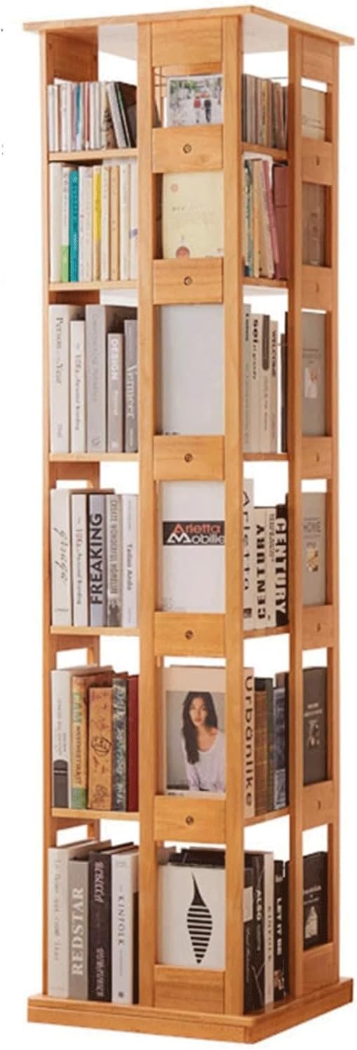 SAAKO 360° Rolling Bookcase Wooden Rotating Bookshelf 2/4/5/6 Tiers Book Rack Invisible Spinner Wheels Bookshelf Organizer