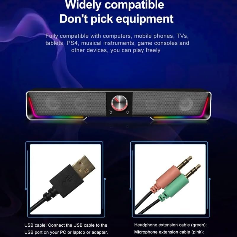 Support Aux 3.5 Surround RGB Speakers Column Sound Bar for Computer PC Loudspeakers
