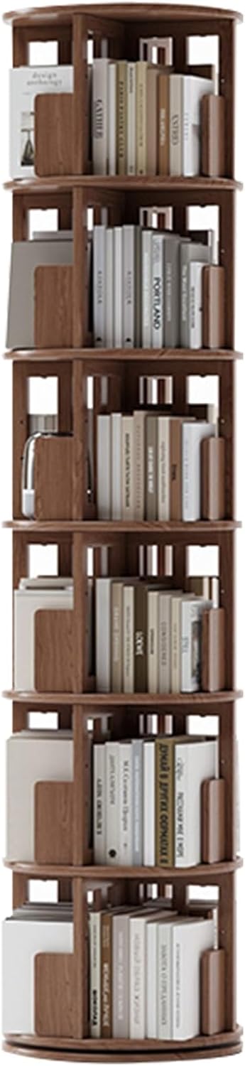 Solid wood bookshelf Multi-Shelf Rotating Adult Children's Bookcase Dual base, heavy-duty and stable Suitable for living room bedroom study(Walnut colored,6 layers)