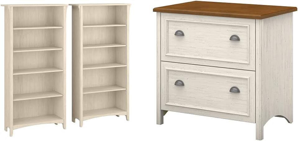 Bush Furniture Salinas 5 Shelf Bookcase Set of 2 Fairview 2 Drawer Lateral File Cabinet