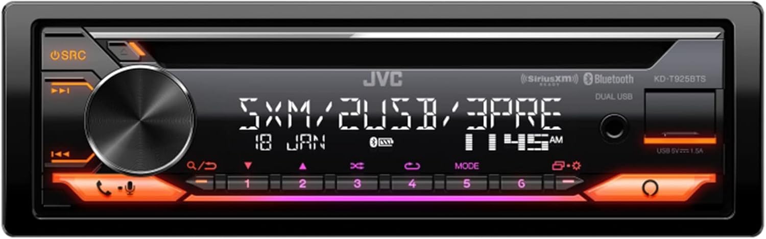 JVC KD-T925BTS Single DIN Bluetooth USB/AUX LED/CD AM/FM SiriusXM Ready Stereo Amazon Alexa Receiver W/Stereo Installation Kit