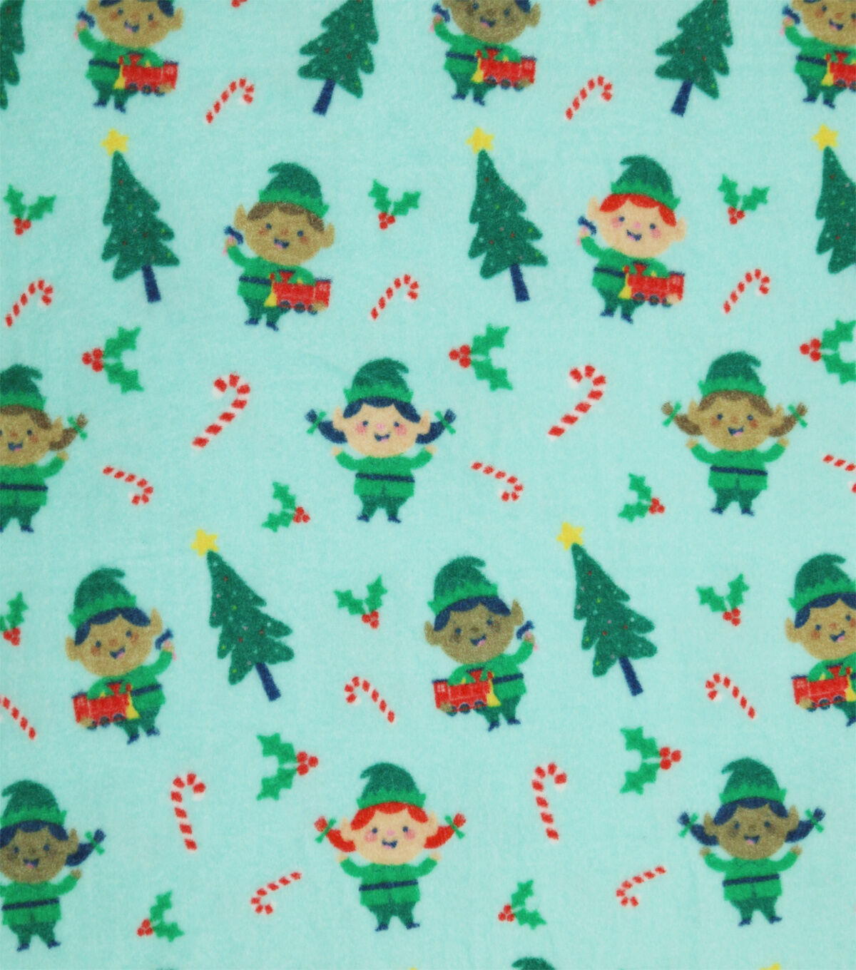 Green Elves & Trees on Blue Anti Pill Fleece Fabric