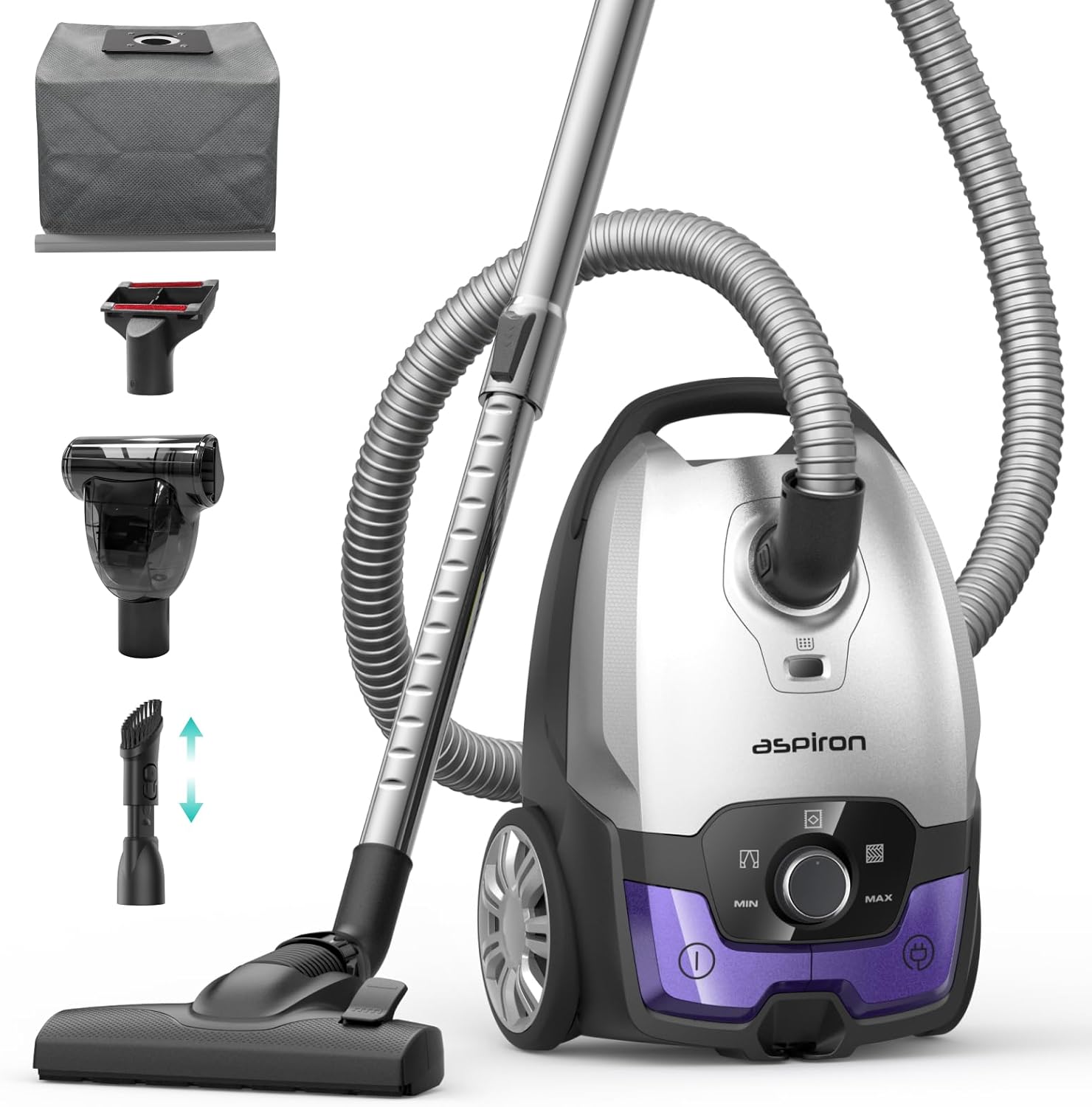 Canister Vacuum,1700W/45KPA Bagged Vacuum Cleaner,5L Large Capacity,Auto Cord Rewind,HEPA Filter,Low Noise,7.5M Cleaning Radius,Variable Power Control,Easy to Push,Hard Floor,Pet,Carpet,Upholstery,Car