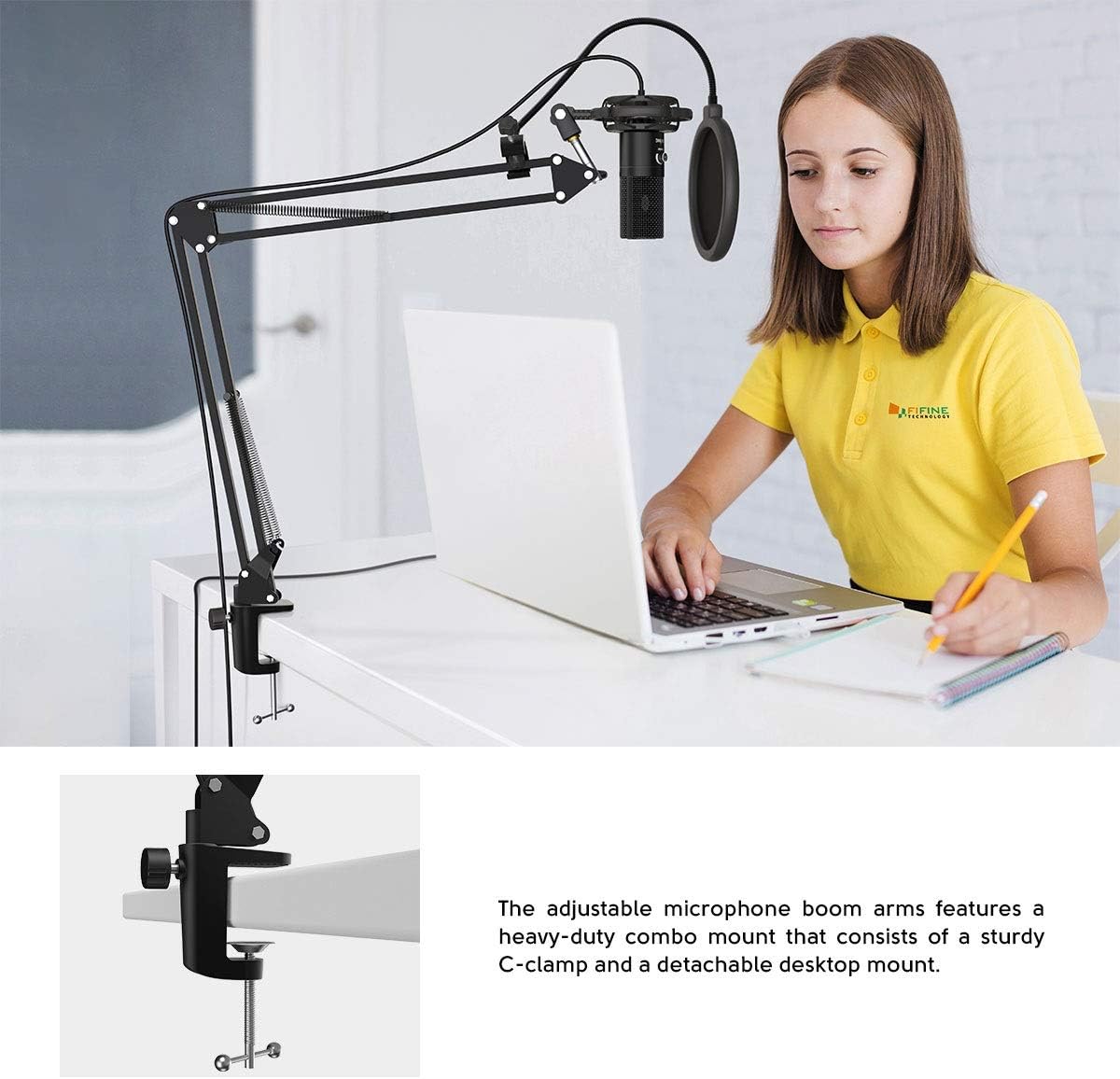 Studio Condenser USB Computer Microphone Kit with Adjustable Scissor Arm Stand Shock Mount for YouTube Voice
