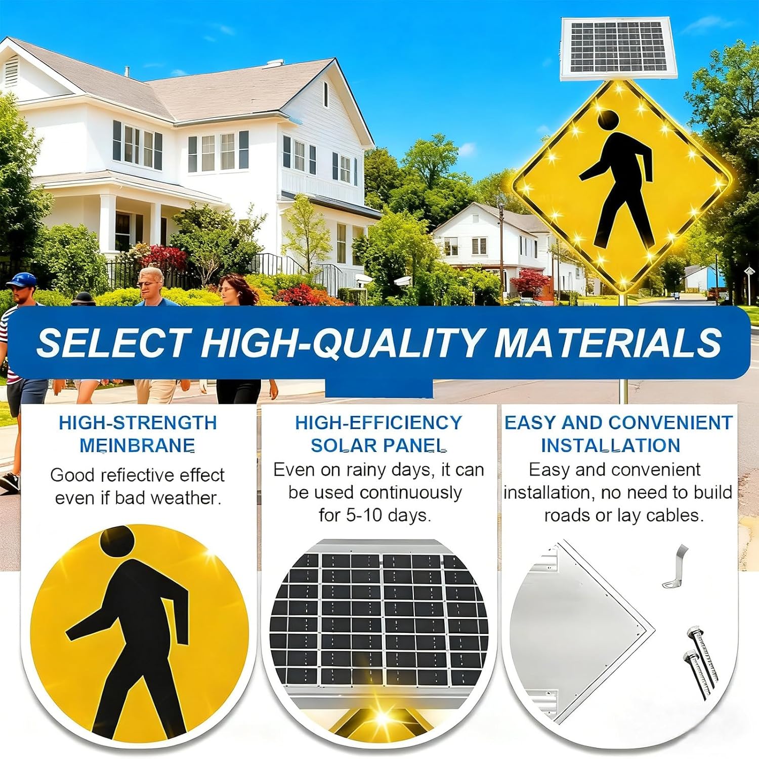 Solar-Powered LED Pedestrian Crossing Sign - 24in Heavy-Duty Rust-Proof Metal with Reflective Film for Enhanced Street Traffic Safety & Visibility