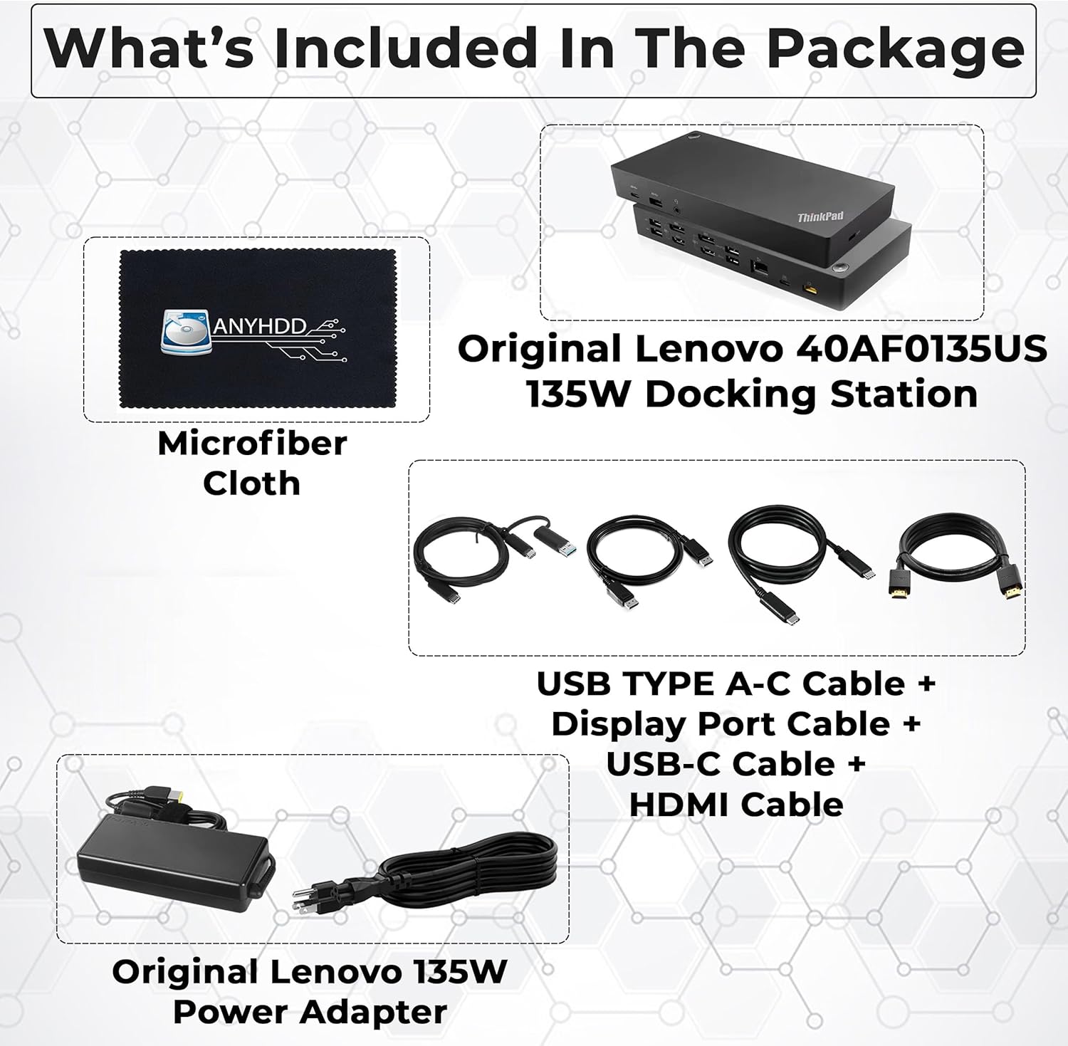 40AF0135US Docking Station Dual Monitor Hybrid USB-C with USB-A - 1 Year Warranty, Thinkpad Dock w/ 135W Adapter, HDMI, DisplayPort, USB-C Cable, Cloth - Laptop Docking Station (Renewed)