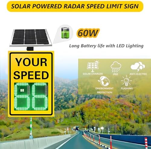 60x90cm Solar Radar Speed Sign - 24GHz Speed Display, IP56 Waterproof, 0-300m Detection Range for Highways & Speed-Limited Roads, Traffic Safety Device, Energy-Efficient Solution