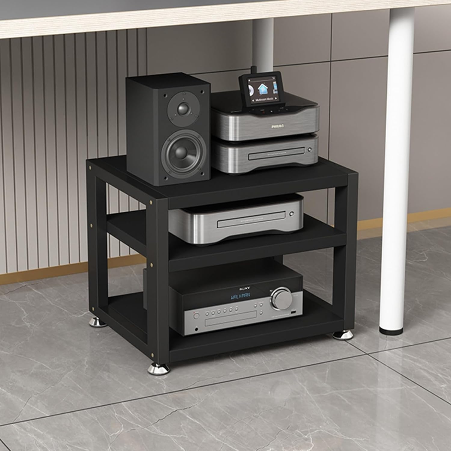 3-Tier Audio Rack Media Stand Floor-Standing Multifunctional Stereo Shelf CD Player Stand AV Component Cabinet with Wooden Shelves for Home/Office/Theater (Color : A