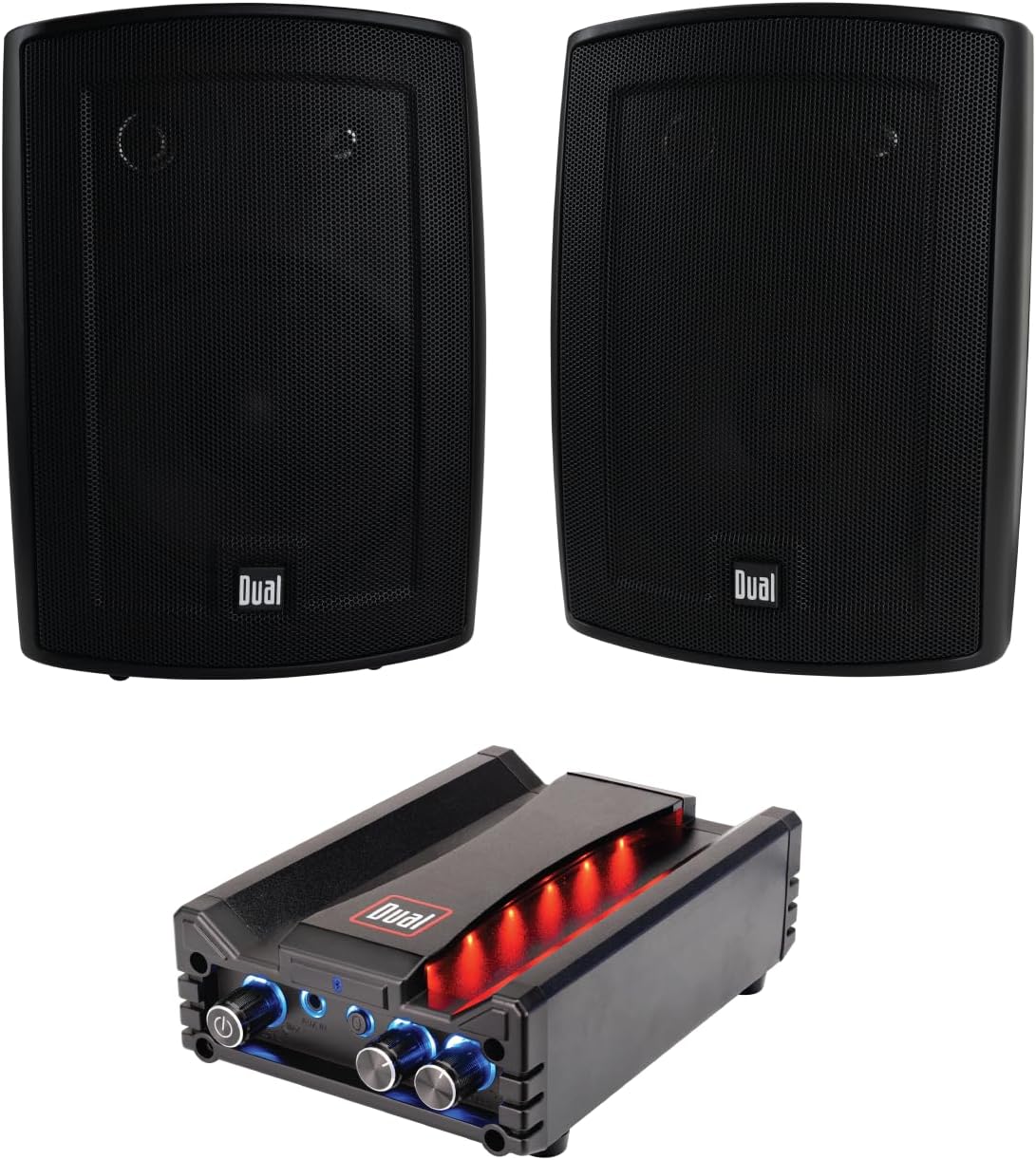Dual Electronics LU63PB Black 3-Way High Performance Outdoor Indoor Speakers DBTMA100 Black Micro Wireless Bluetooth 2 Channel Stereo Class-D Amplifier
