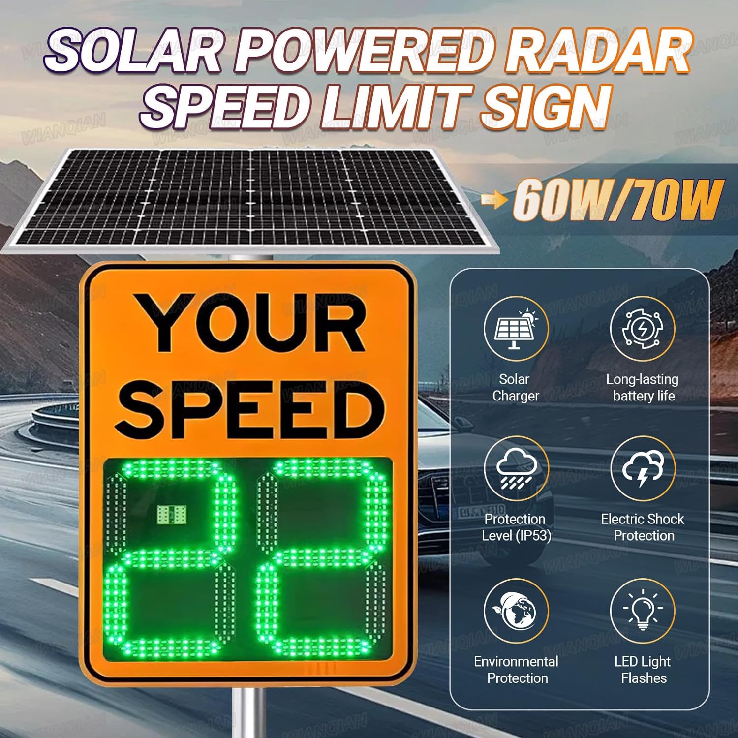 Traffic Feedback Warning Board, Solar Speed Limit Sign, LED Digits Speed Display, 1-99 Mph Speed Range, 3 Meters Reflective Film, Visibility 800 Meters, For Traffic Safety 50x70cm/20