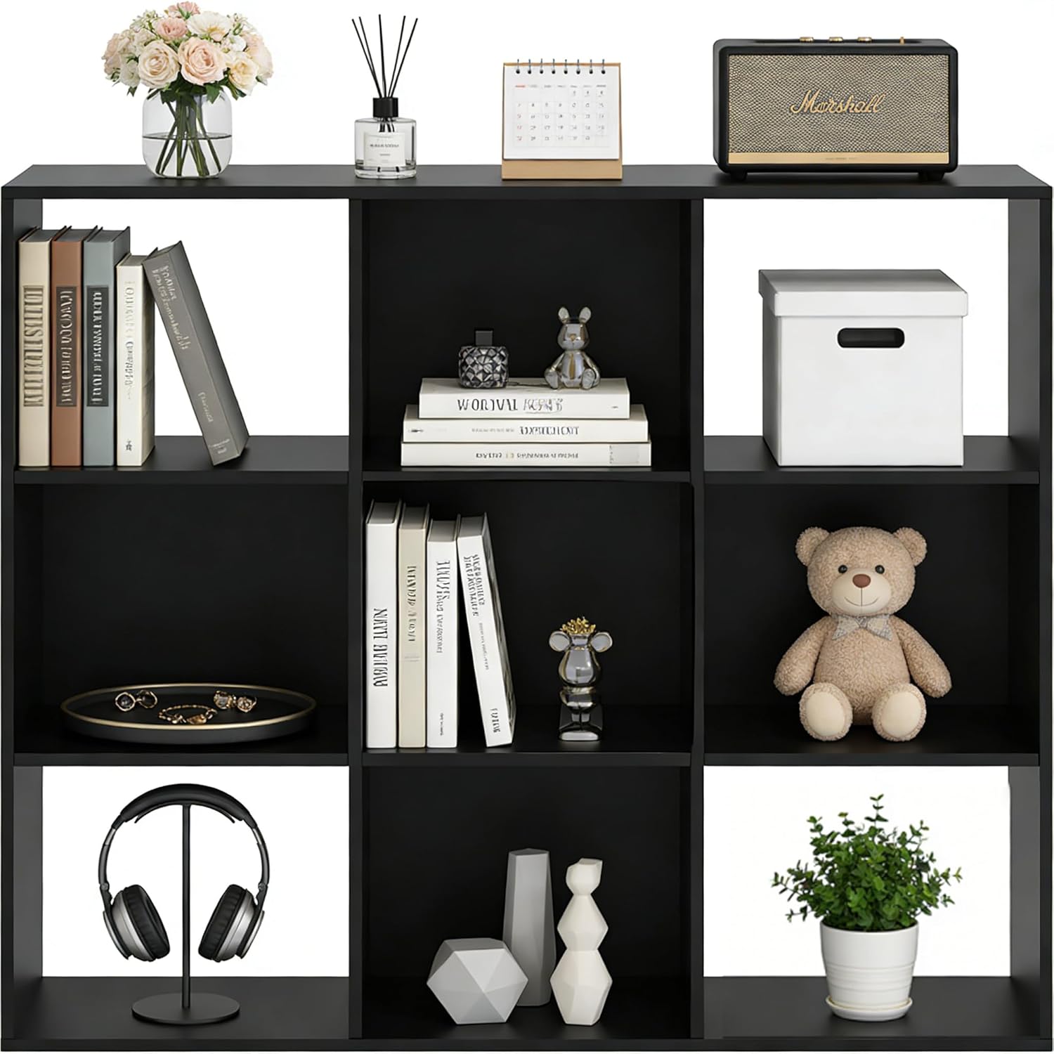 Aidoly Cube Storage Shelf - Modular Organizer Bookcase with 9 Compartments for Living Room, Office & Bedroom, Black