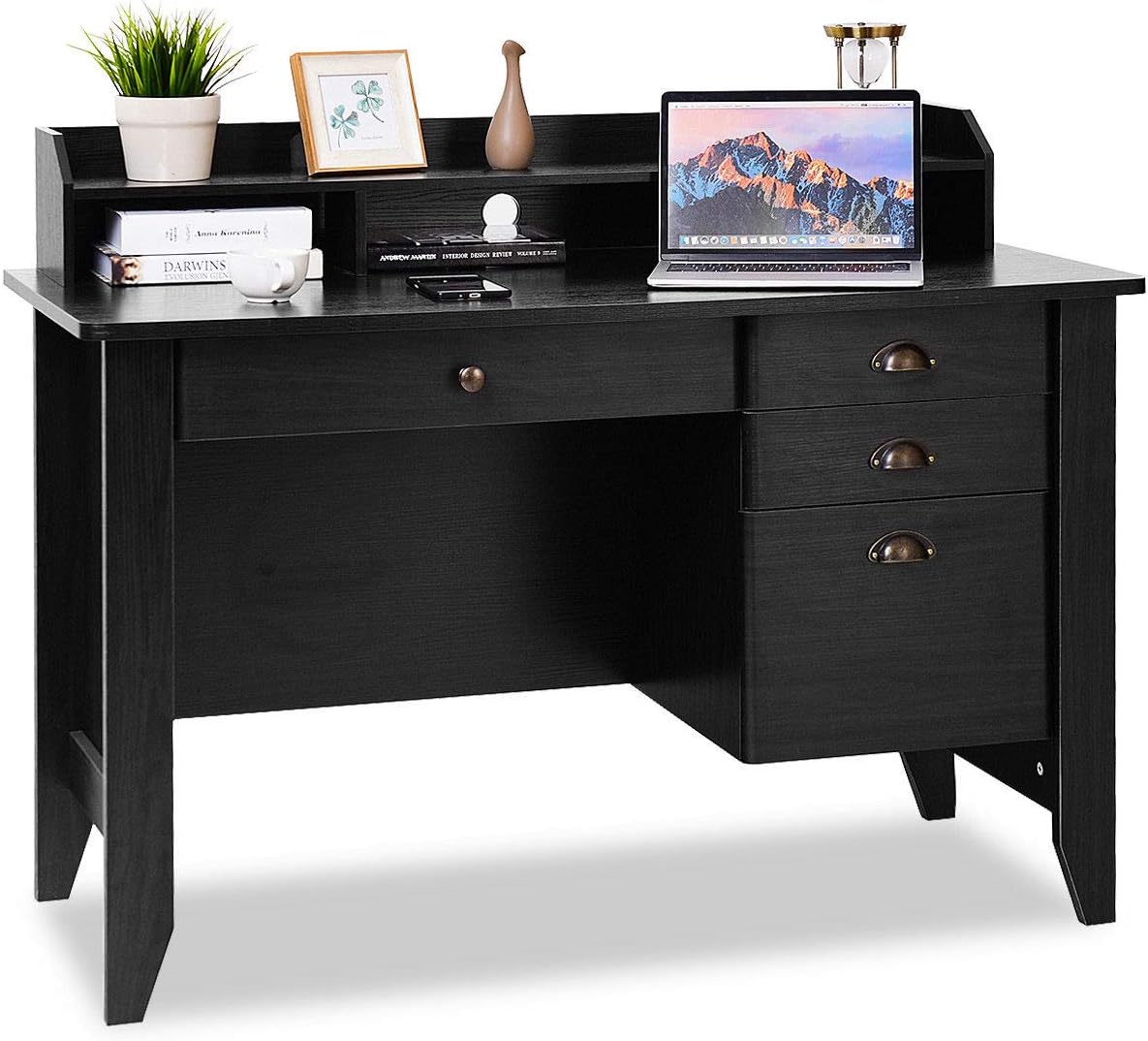 Tangkula Computer Desk with 4 Storage Drawers & Hutch, Home Office Desk Vintage Desk with Storage Shelves, Wooden Executive Desk Writing Study Desk (Black)