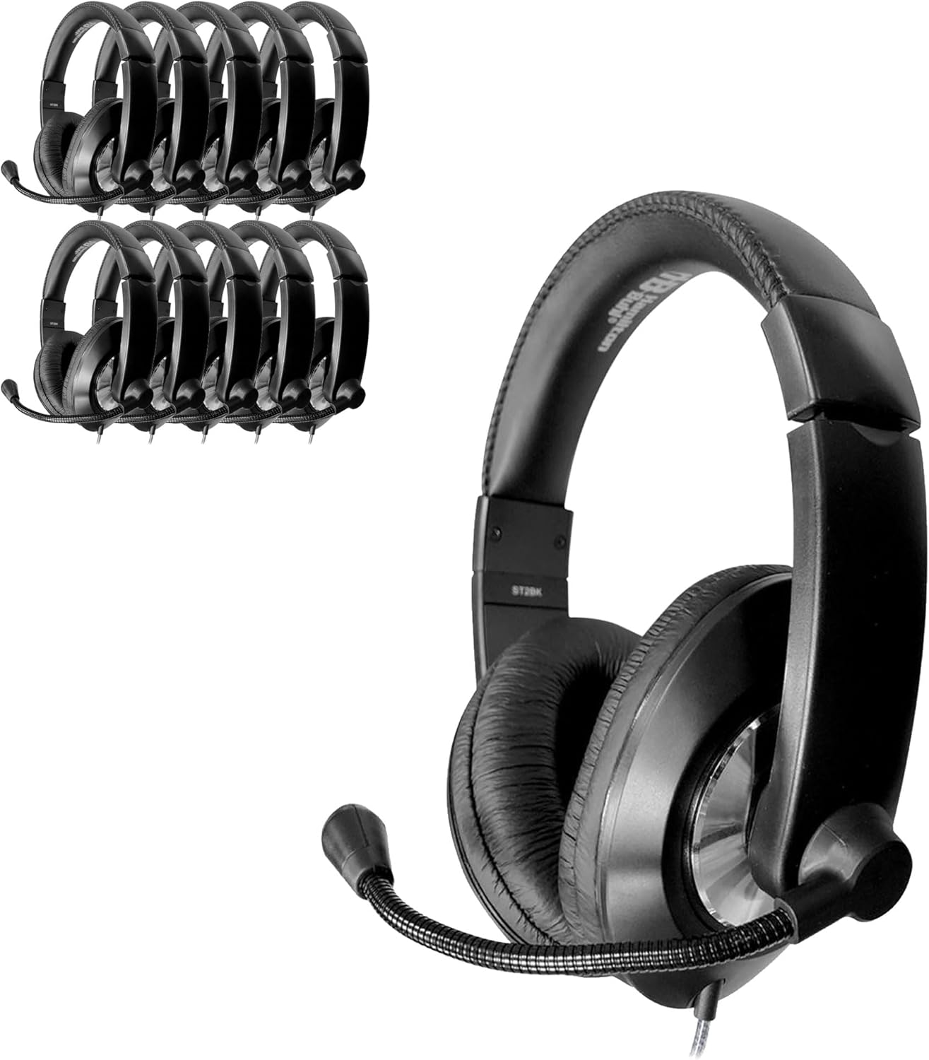 HamiltonBuhl Smart‑Trek Deluxe USB Stereo Headsets 10‑Pack, Noise‑Canceling Steel‑Reinforced Gooseneck Mic, In‑Line Volume Control, Leatherette Cushions – Black