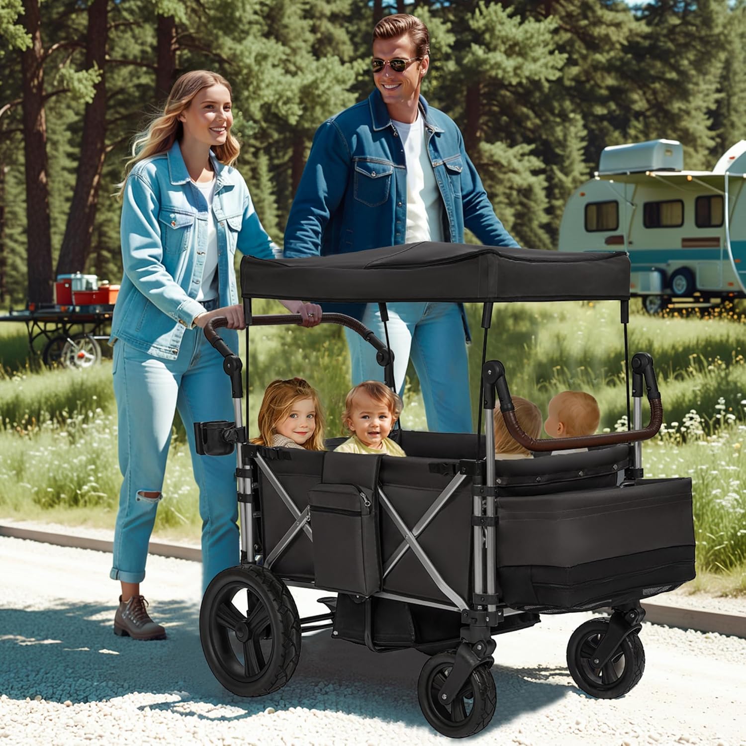 Real Relax Stroller Wagon for 4 Kids, Foldable 4 Seater Wagon Stroller, Kids Wagons with 5-Point Safety Harness, UV-Protection Canopy, All-Terrain PU Wheels, Adjustable Handlebar