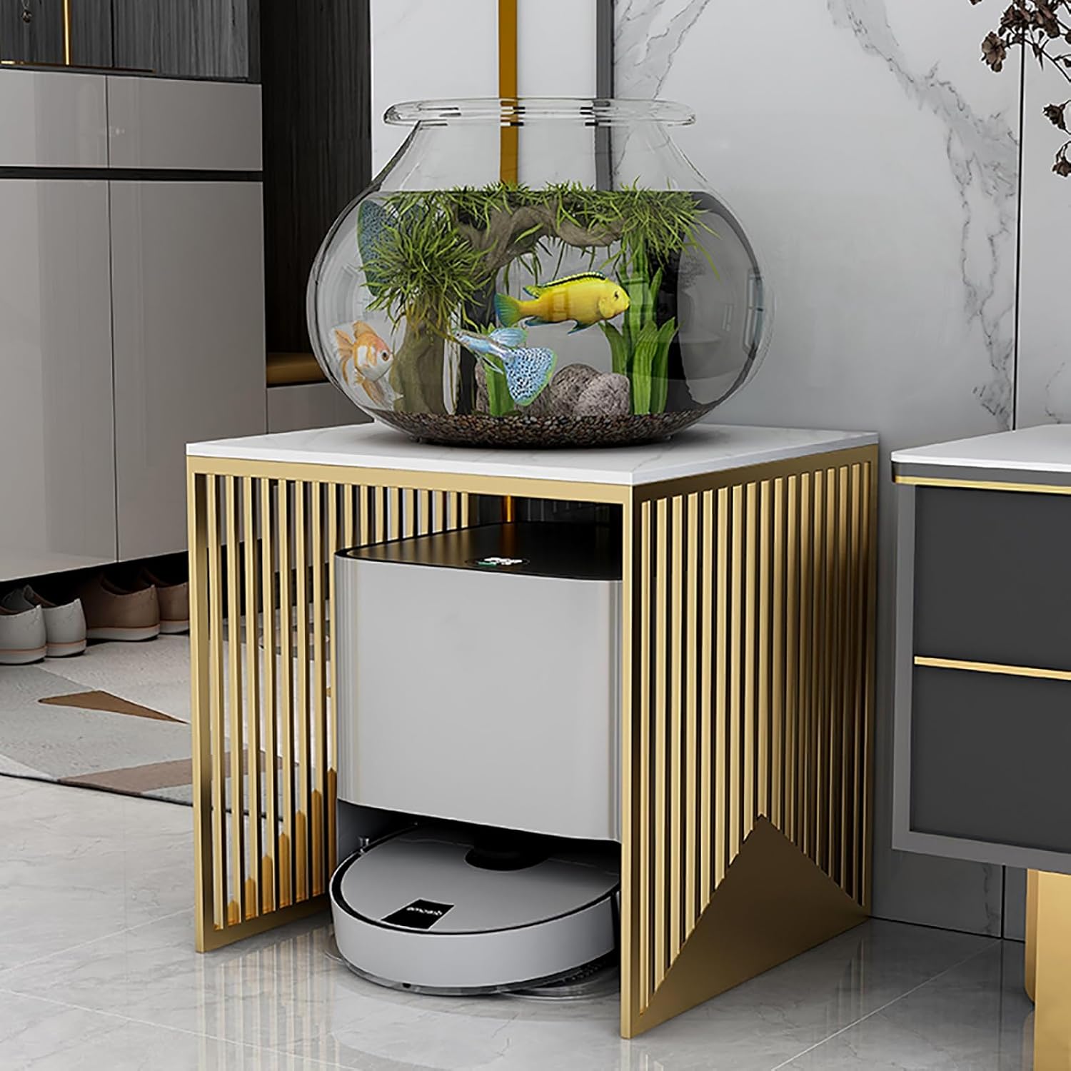 Metal Robot Vacuum Storage Cabinet - Multi-Functional Sweeping Cleaner Rack & Floor Side Table, Fish Tank Shelf with Slate Top - Elegant Gold Finish, 80cm/31.5in