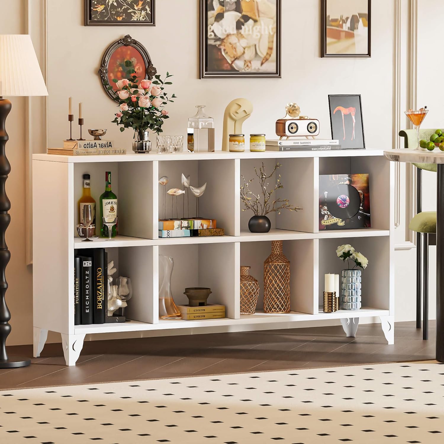 YANGVULCAN Metal 8 Cube Storage Organizer, Heavy-Duty Large Cube Shelf Bookcase with Legs, Waterproof Modern Cubby Bookshelf TV Stand for Home Office Living Room - White